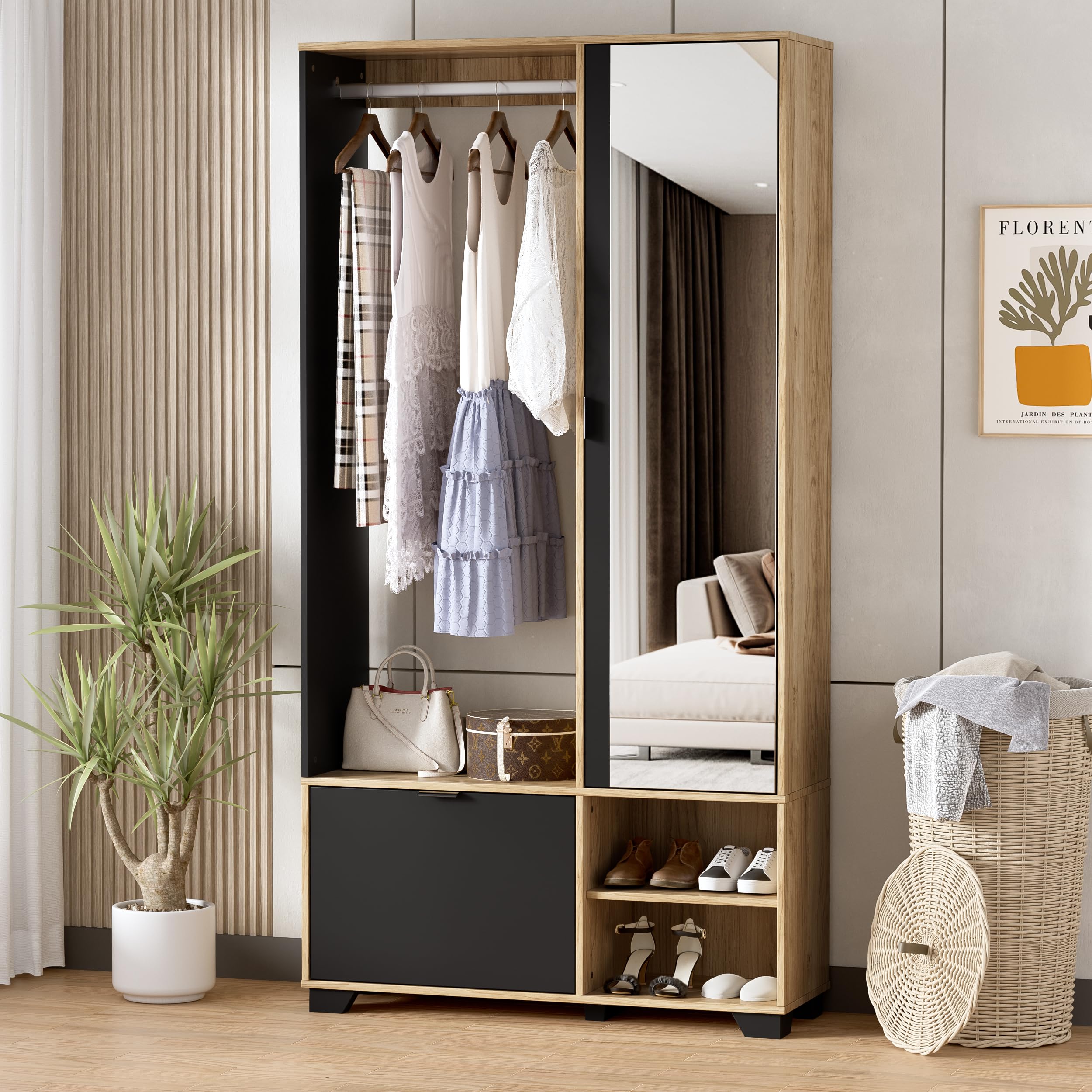 MSFE Armario Entrada con 144cm Espejo, Conjunto de Armario/Perchero con Barra, Zapatero y Compartimentos,Juego de Perchero,Mueble de entrad,No es Necesario Hacer Agujeros,100L x 33W x 190Hcm