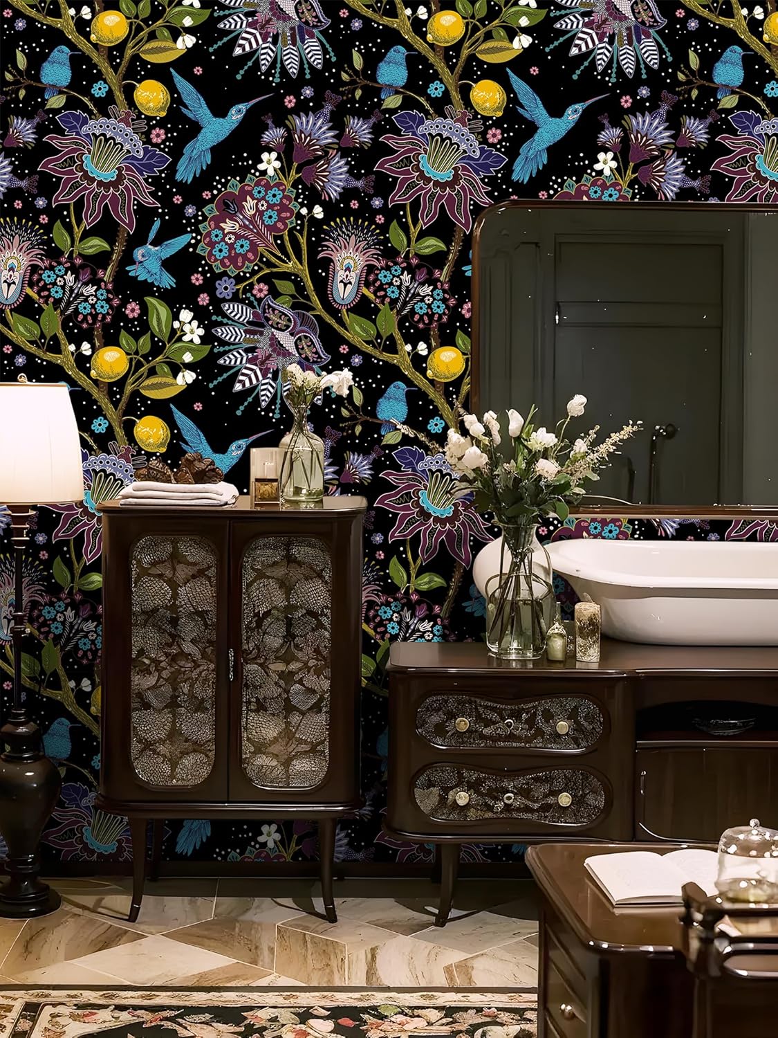 Peel and Stick Wallpaper Black Floral Wallpaper Removable Boho Birds Wallpapers for Bedroom Renter Friendly Self Adhesive Contact Paper for Shelf Cabinet 17.5 x 118 in
