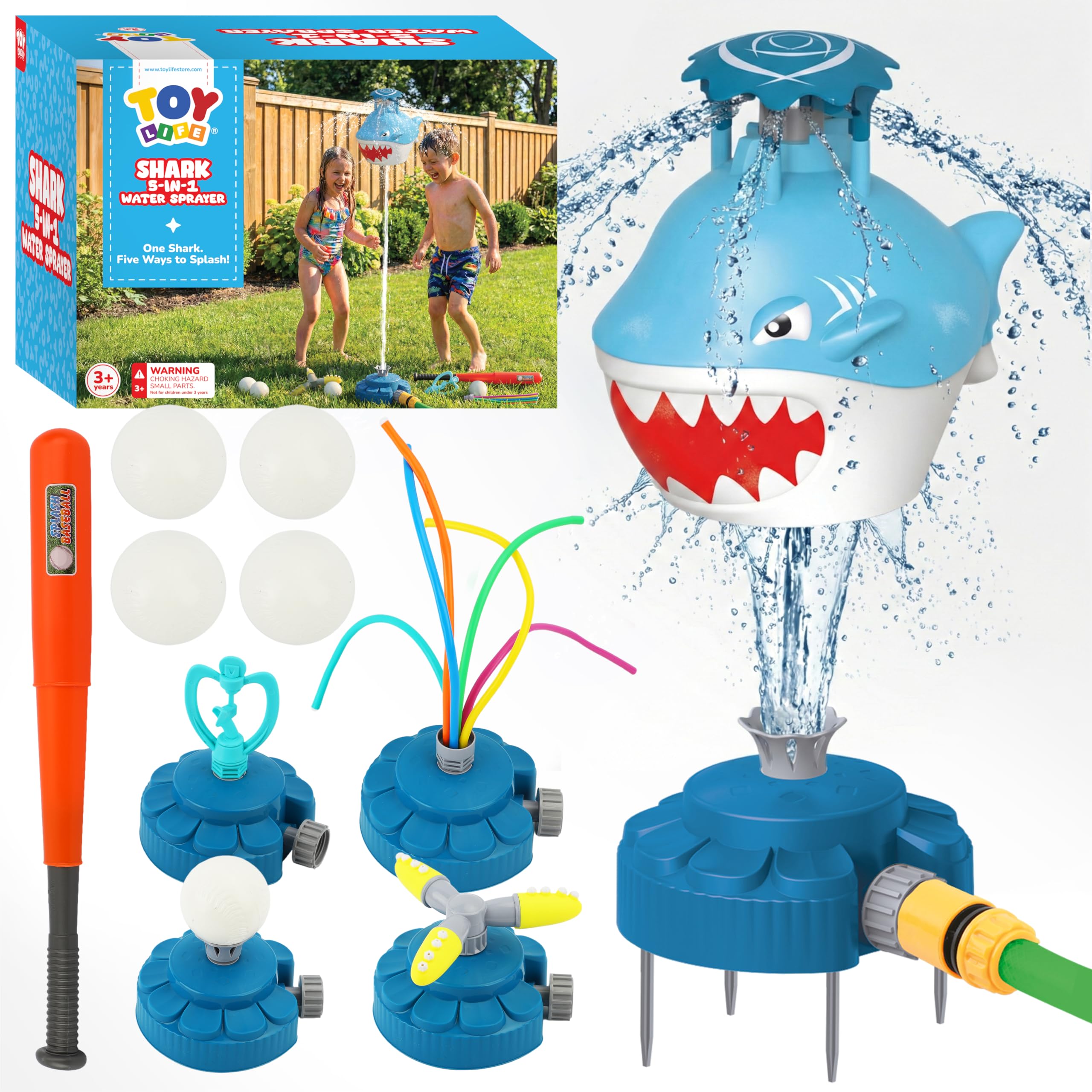 Children playing with the TOY Life Shark T-Ball Sprinkler, featuring a shark head sprayer and a baseball game attachment.