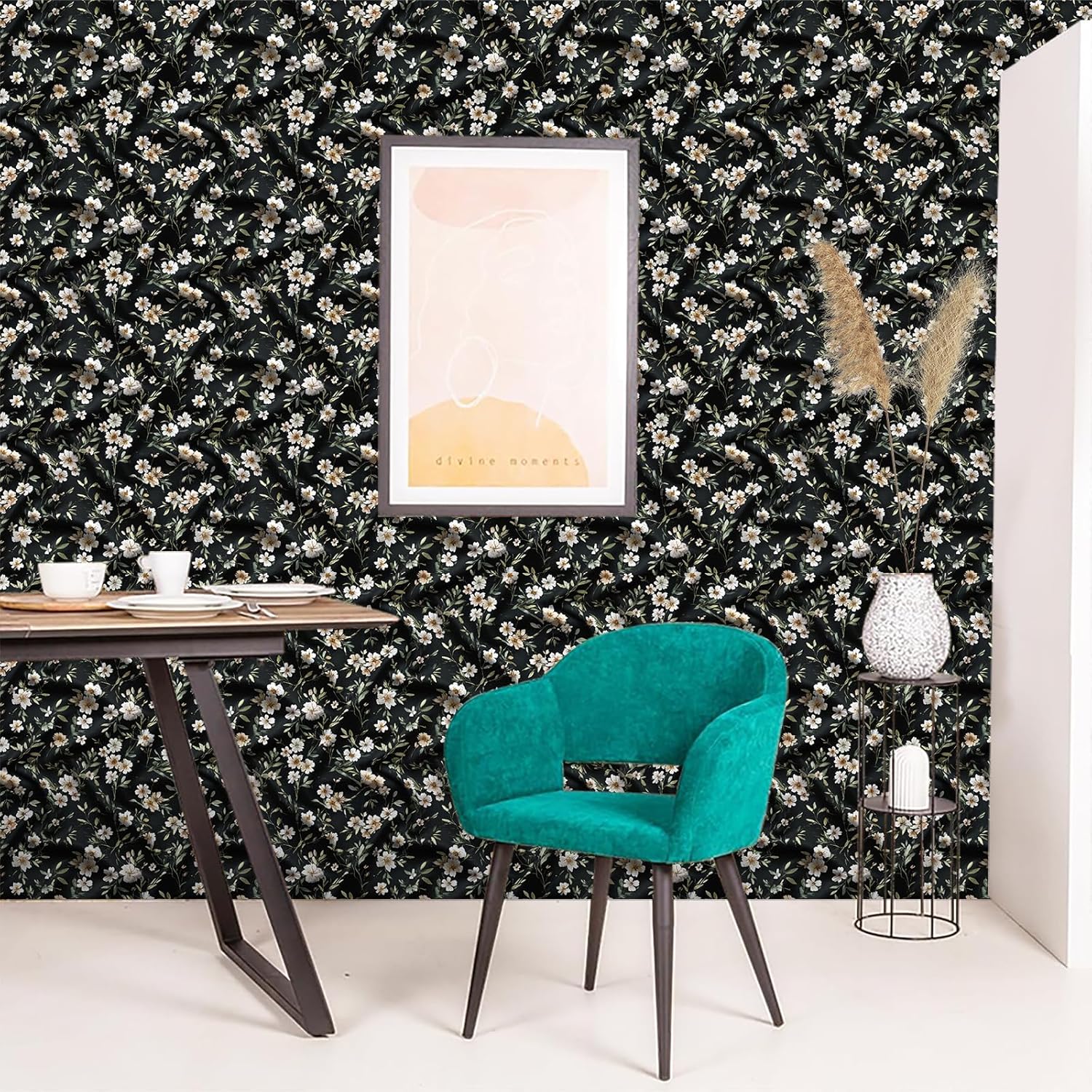 White Floral Wallpaper Peel and Stick 17.7" x 118.1" Removable Contact Paper Self Adhesive Wall Decor for Bedroom Kitchen Vintage Style