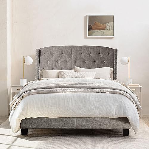 Miniatura 21 de Rosevera Essential - Base de cama de plataforma con cabecera capitoné tapizada de tela, soporte de listones de madera, fácil montaje, tamaño King,