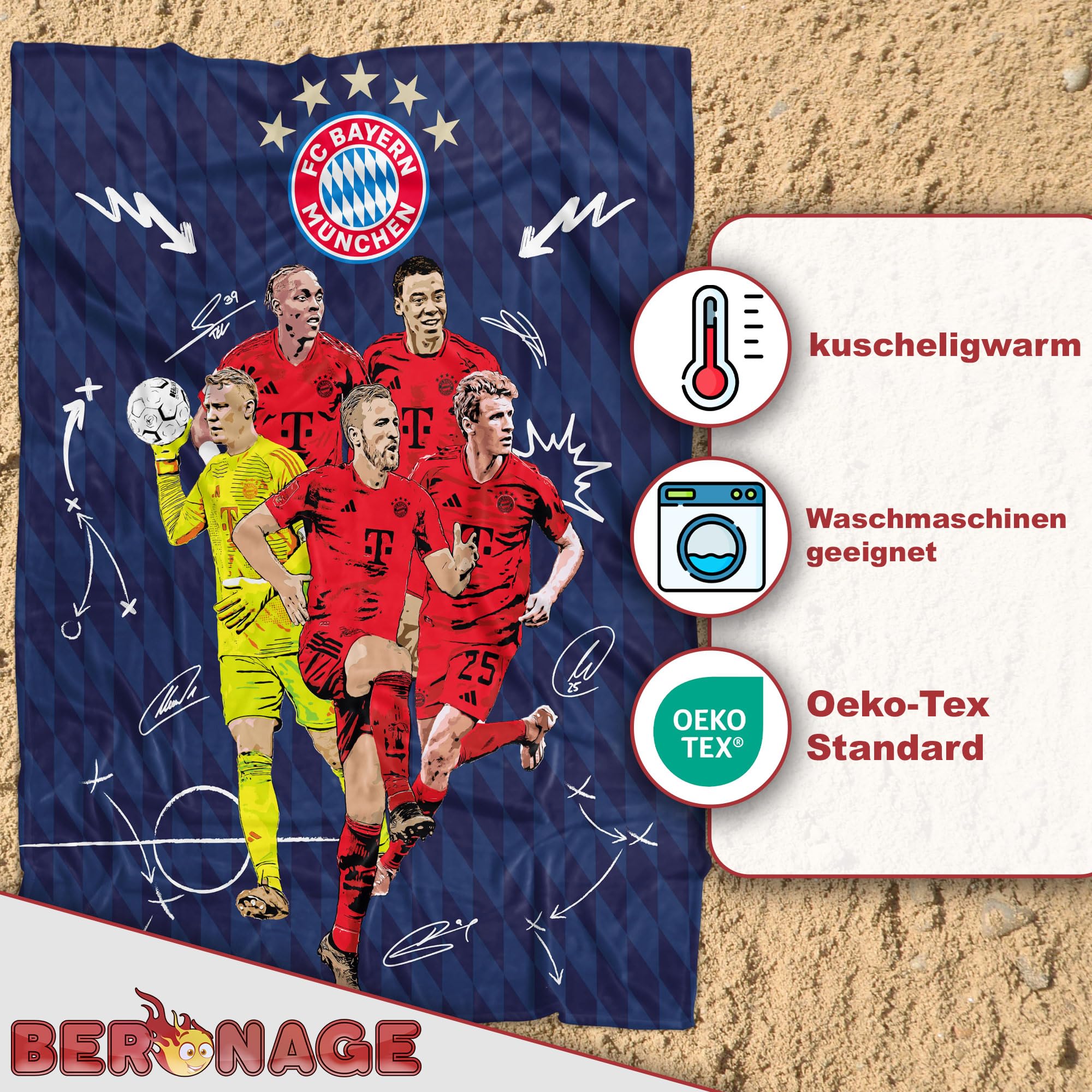FC Bayern München Decke Player 150 x 200 cm – Kuscheldecke Motiv: Harry Kane, Neuer, Müller, Tel – Ideal für Sofa und Bett – Mia san Mia Fanartikel, passend zur FCB Fußball Fan-Bettwäsche