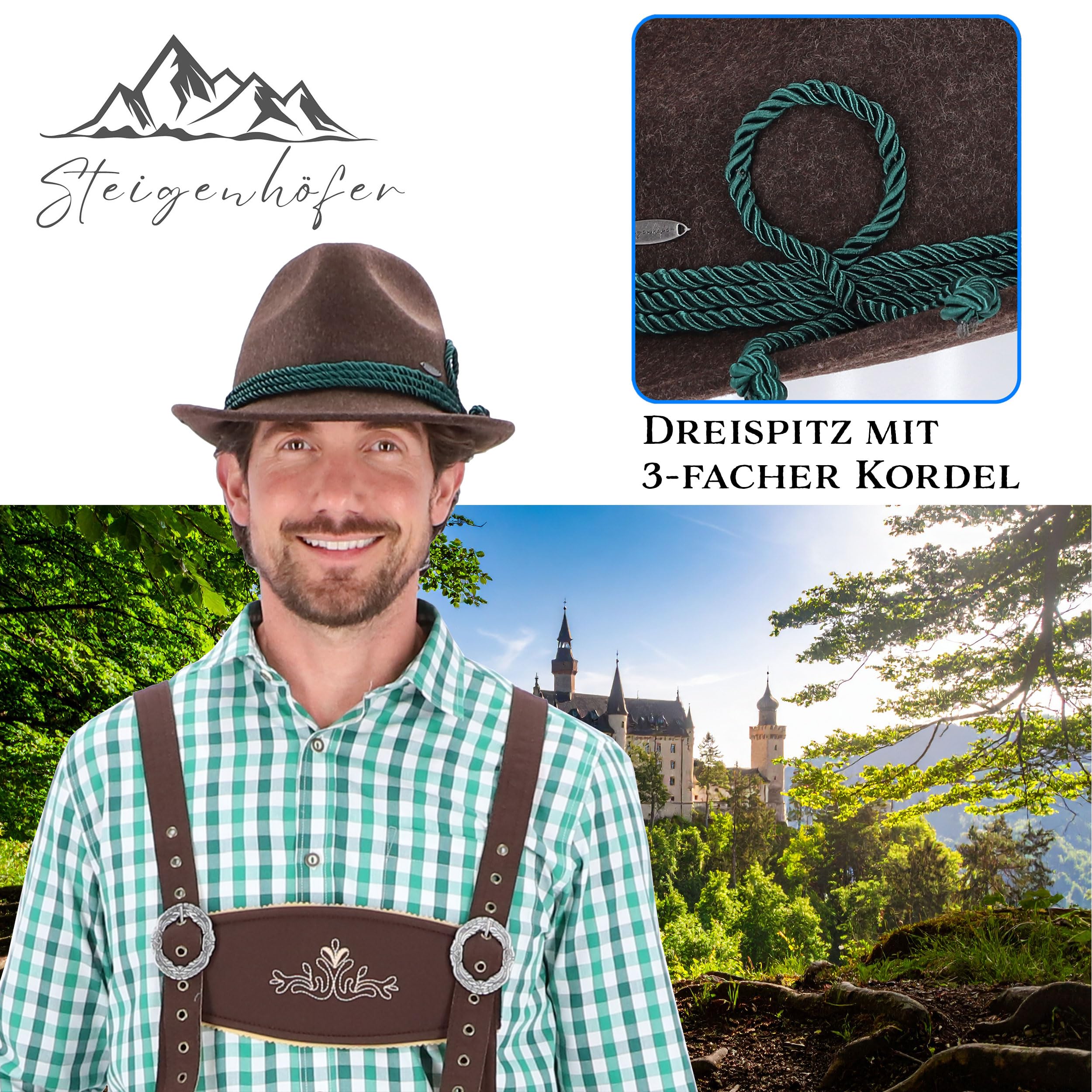 Steigenhöfer Original Herren Trachtenhut, Filzhut Wanderhut - Jakob - Größenverstellbar - Mit Schweißband - 100% Schurwolle - Ideal zum Förstern, Jagen und Oktoberfest