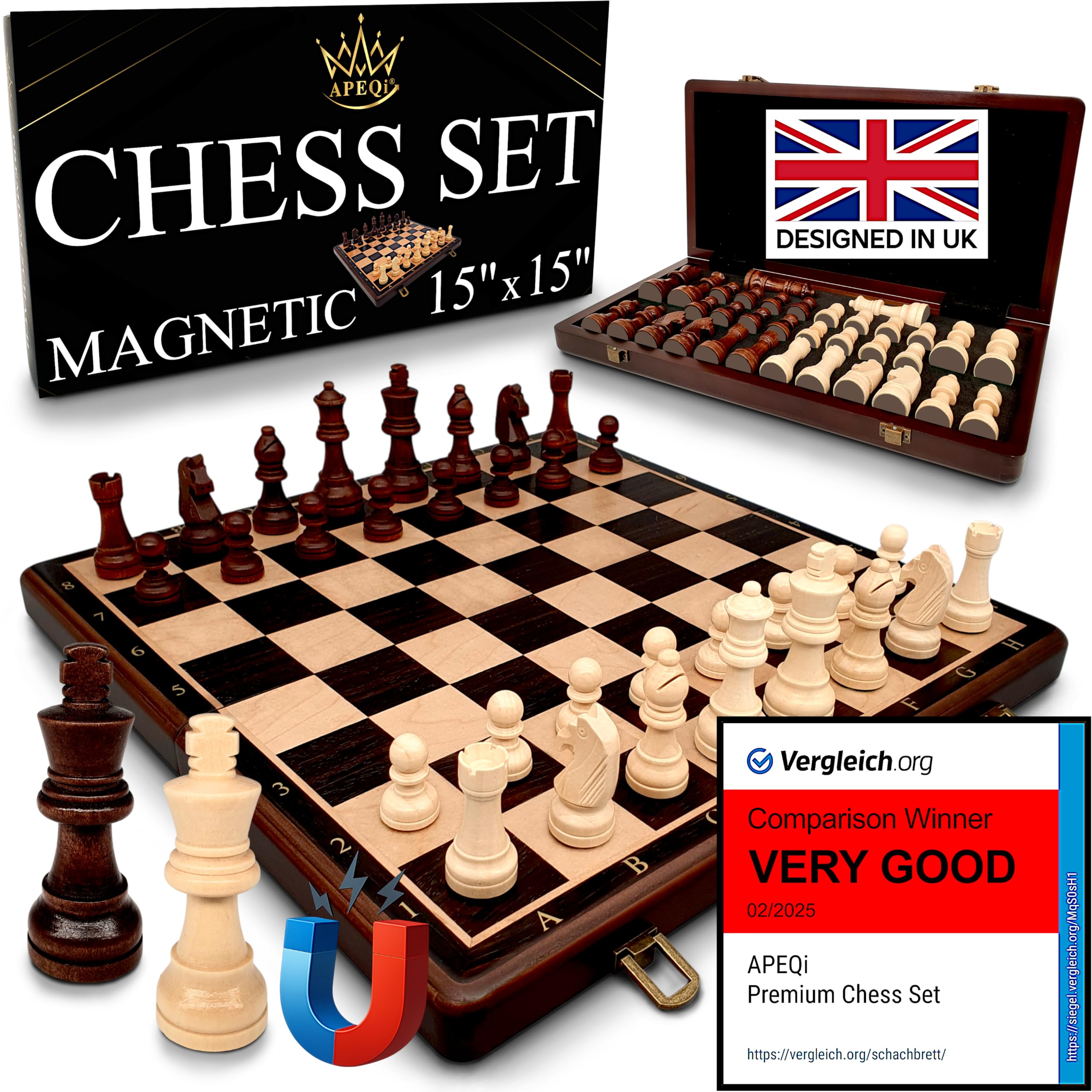 APEQi PREMIUM Chess Set MAGNETIC - Wooden Chess Board Luxury - 15" (38cm), 2 Extra Queens, Gift Idea - Wooden Chess Set for Adults and Kids - Folding Travel Chess Game, 34 Staunton Chess Pieces