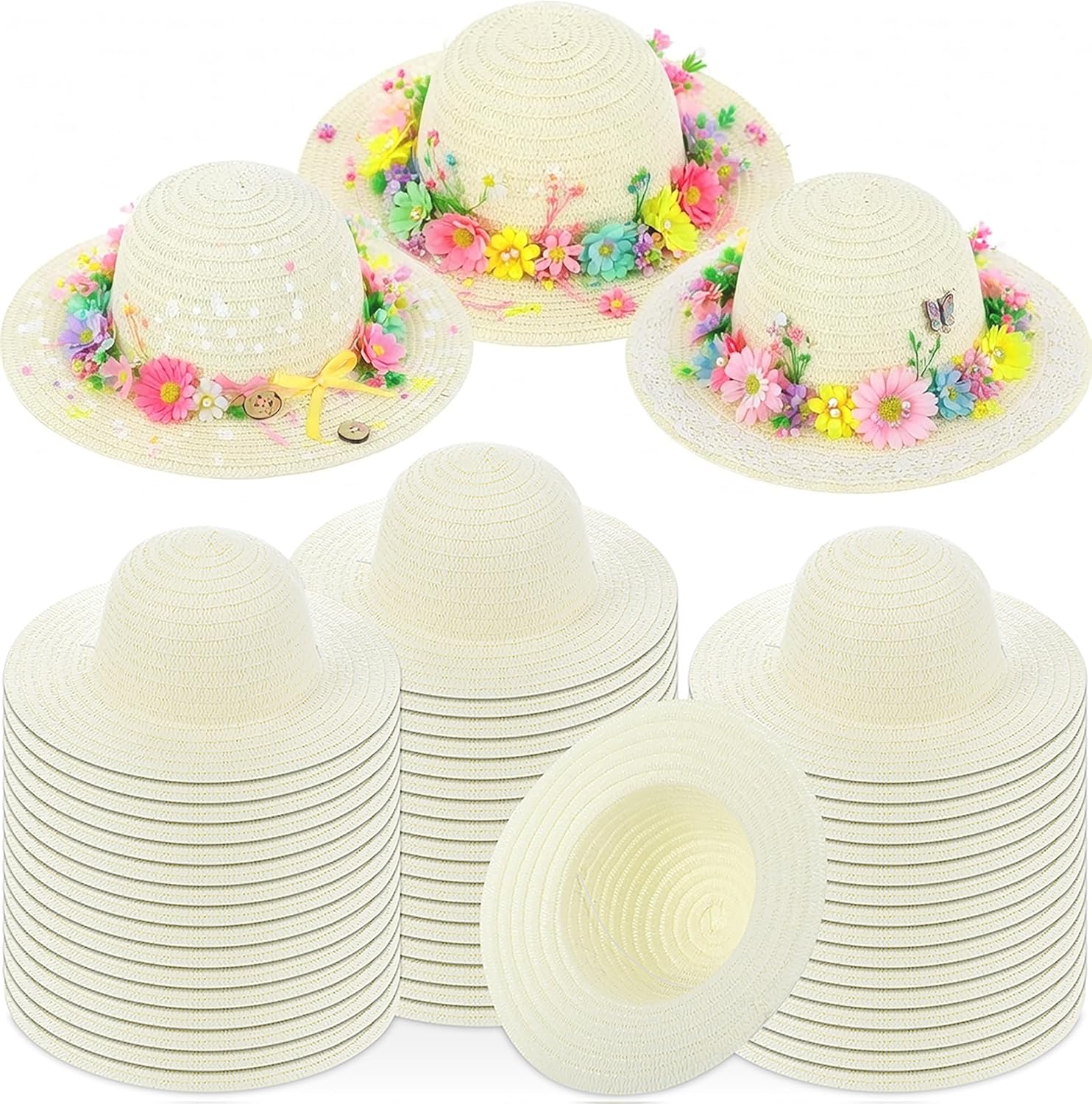 DIY Tea Party Straw Sun Hats Bulk, Plain Straw Cowboy Hats for Men Women Crafts Birthday Party