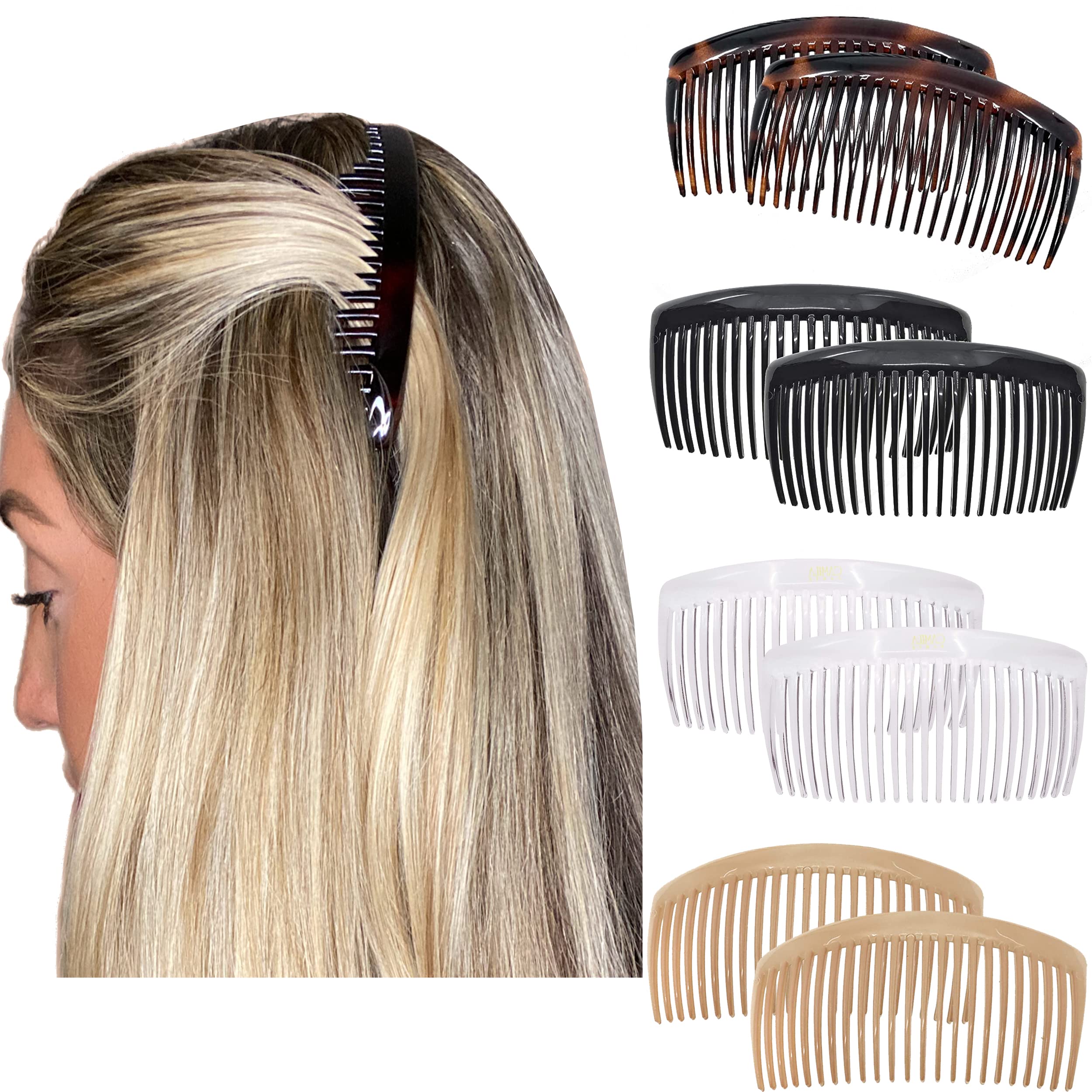 Camila Paris French Side Combs Large 4 Colors Each Curved French Twist Hair Combs Decorative, Strong Hold Hair Clips for Women Bun Chignon Up-Do, No Slip Styling Girls Hair Accessories, Made in France