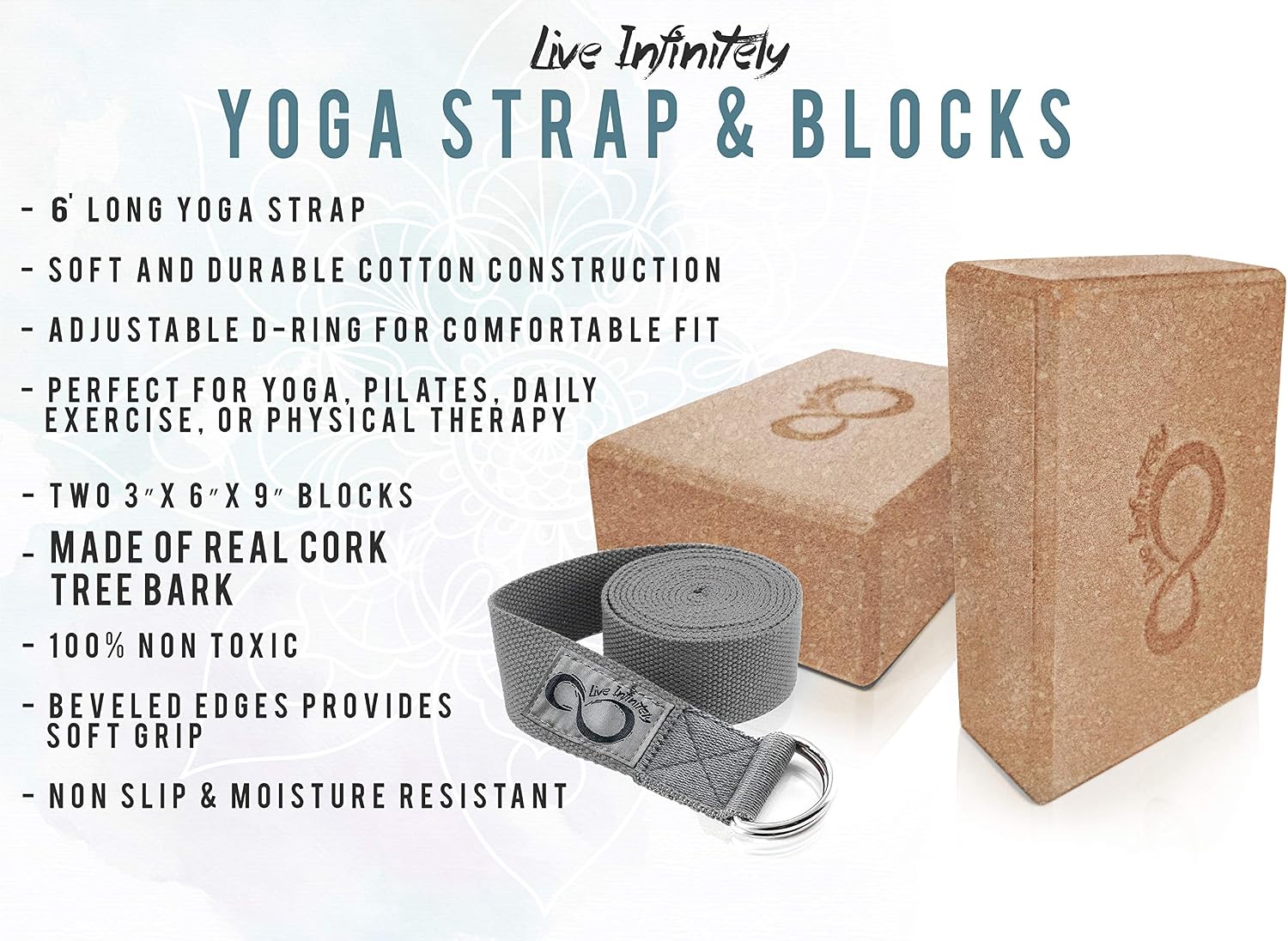 Premium Yoga Blocks & Metal D Ring Strap Yogi Set (3PC) 2 Pack High Density EVA Foam Blocks to Support & Deepen Poses, Improve Strength, Flexibility & Balance - Lightweight, Odor & Moisture Resistant