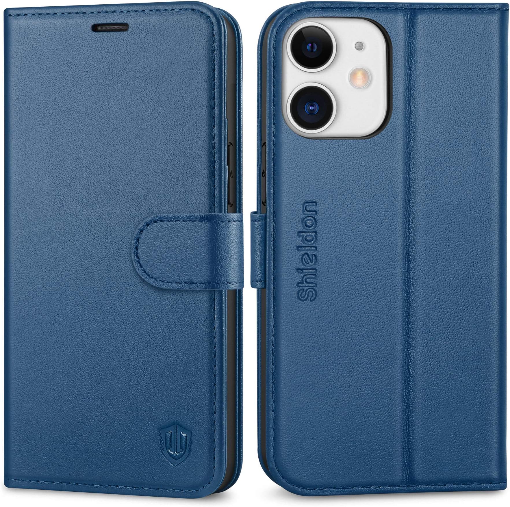 SHIELDON Case for iPhone 12 Mini, Genuine Leather Wallet Flip Case RFID Blocking Credit Card Slots Magnetic Cover Kickstand Shockproof Case Compatible with iPhone 12 Mini (5.4 Inch, 2020) - Royal Blue