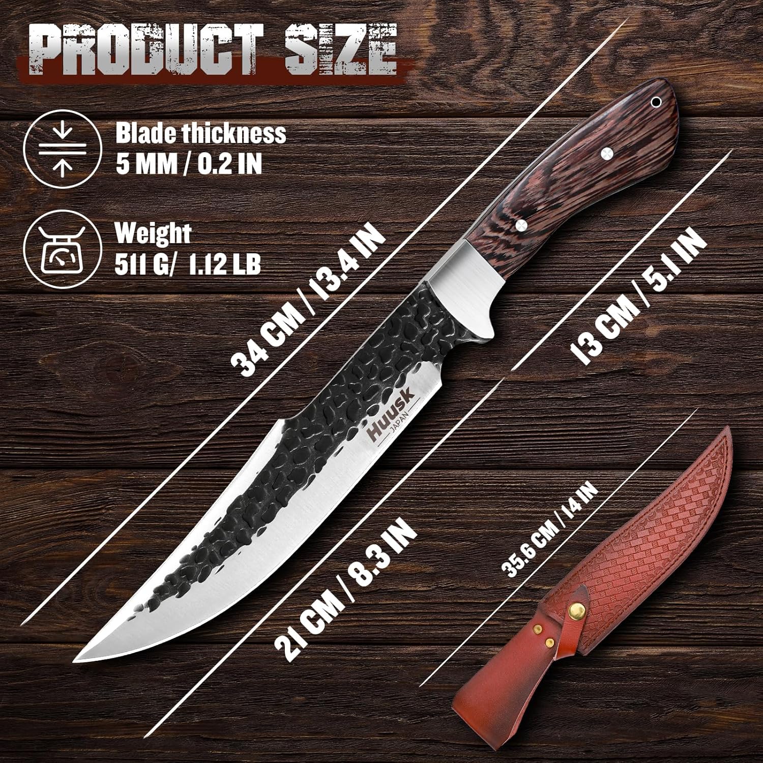 Huusk Fixed Blade Bowie Knife - 8" Hunting Knife with Sheath, Full Tang Survival Knives with Ergonomic Wood Handle, Outdoor Bushcraft Knives for Camping Hiking Fishing BBQ, Christmas Gifts for Men