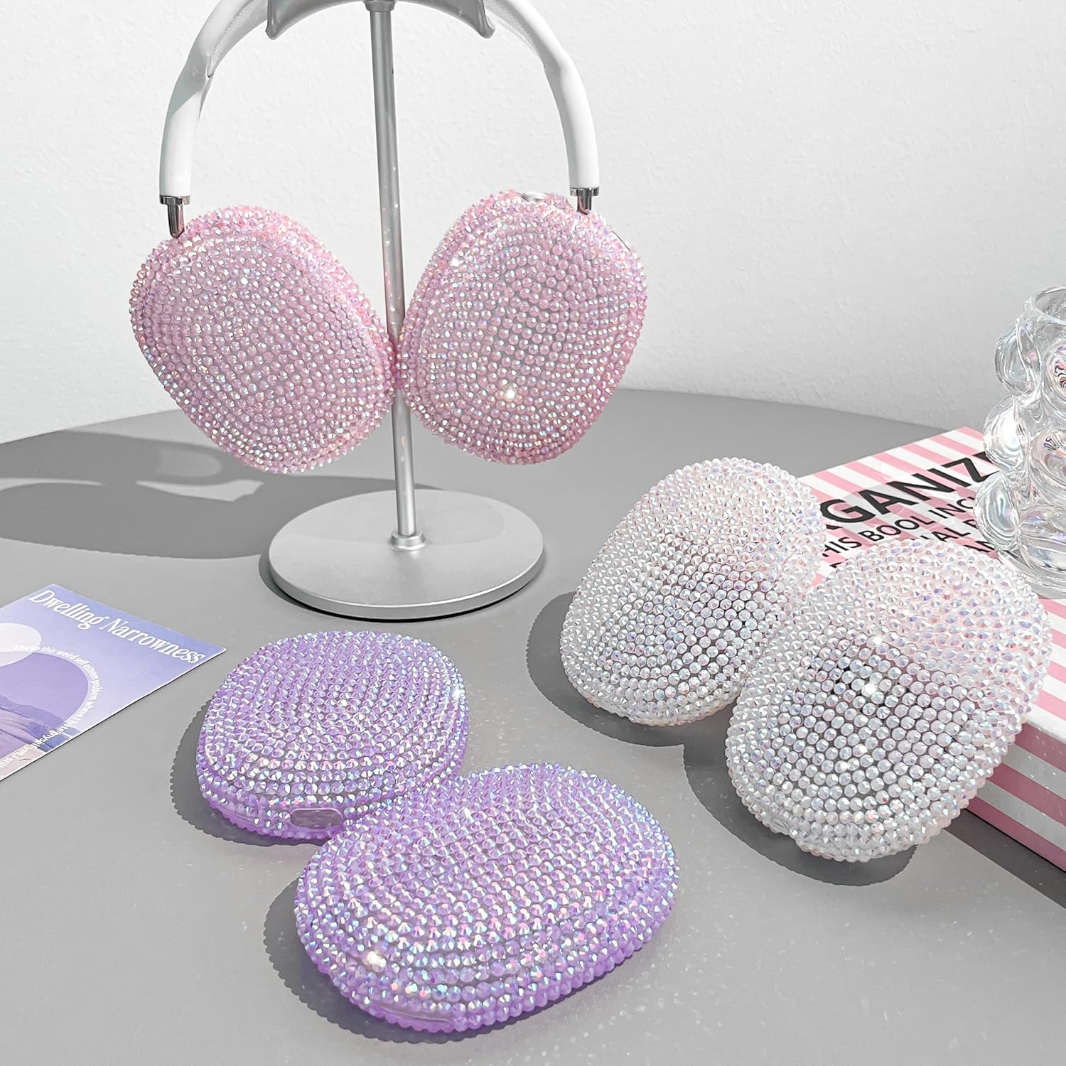 Bling Case for AirPods Max 2 Cover - Luxurious Rhinestones Headphones Case for AirPods Max Ear Cups Cover Protective 3 in 1 Accessories Set with Ear Pad/Headband for Girl Women - Purple Glitter