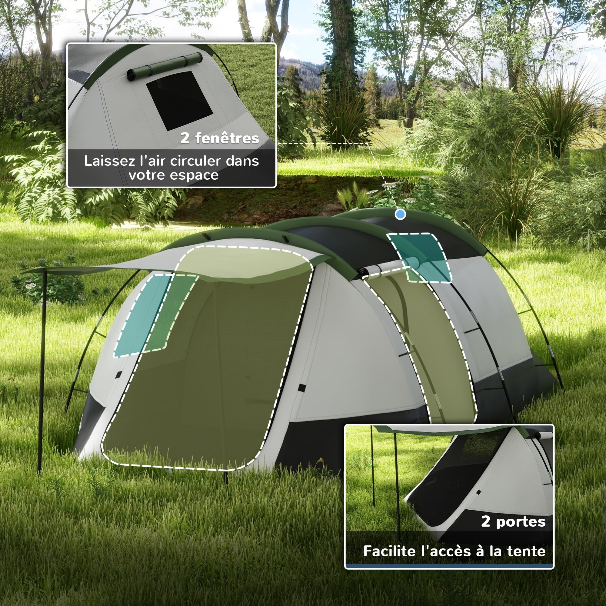 Outsunny Tente de Camping familiale 3-4 Personnes légère et ventilée, Tente Tunnel avec Porche étanche 3000 mm, Montage Facile, Sac de Transport Inclus, Gris