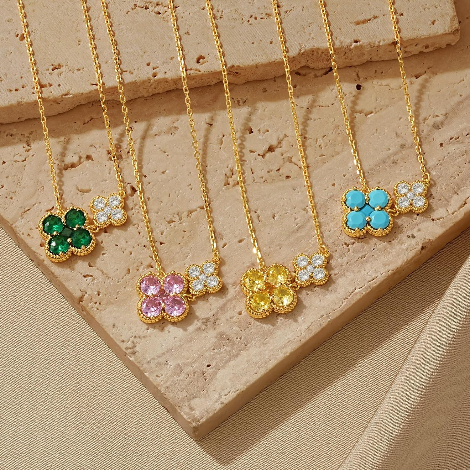 Gold Necklace for Women Birthstone Necklace for Women 14K Gold Plated Dainty Four Leaf Clover Cubic Zirconia Pendant Flower Necklace Gold Jewelry Gift for Women - Image 6