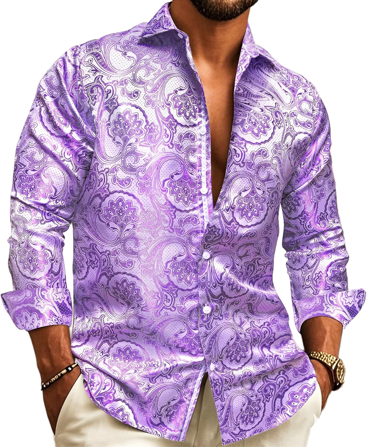 Barry.Wang Men's Silk Shirts Button Down Dress Shirt for Men Satin Paisley Floral Long Sleeve Cowboy Casual Mexico Shirts