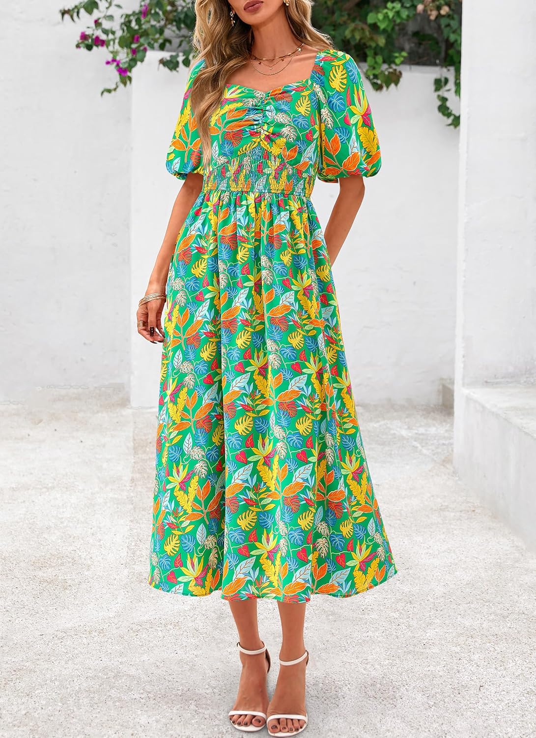 Okiwam Womens Summer Dresses 2026 Spring Floral Maxi Sundress Puff Sleeve Smocked Flowy Beach Vacation Wedding Guest Dress - Image 2