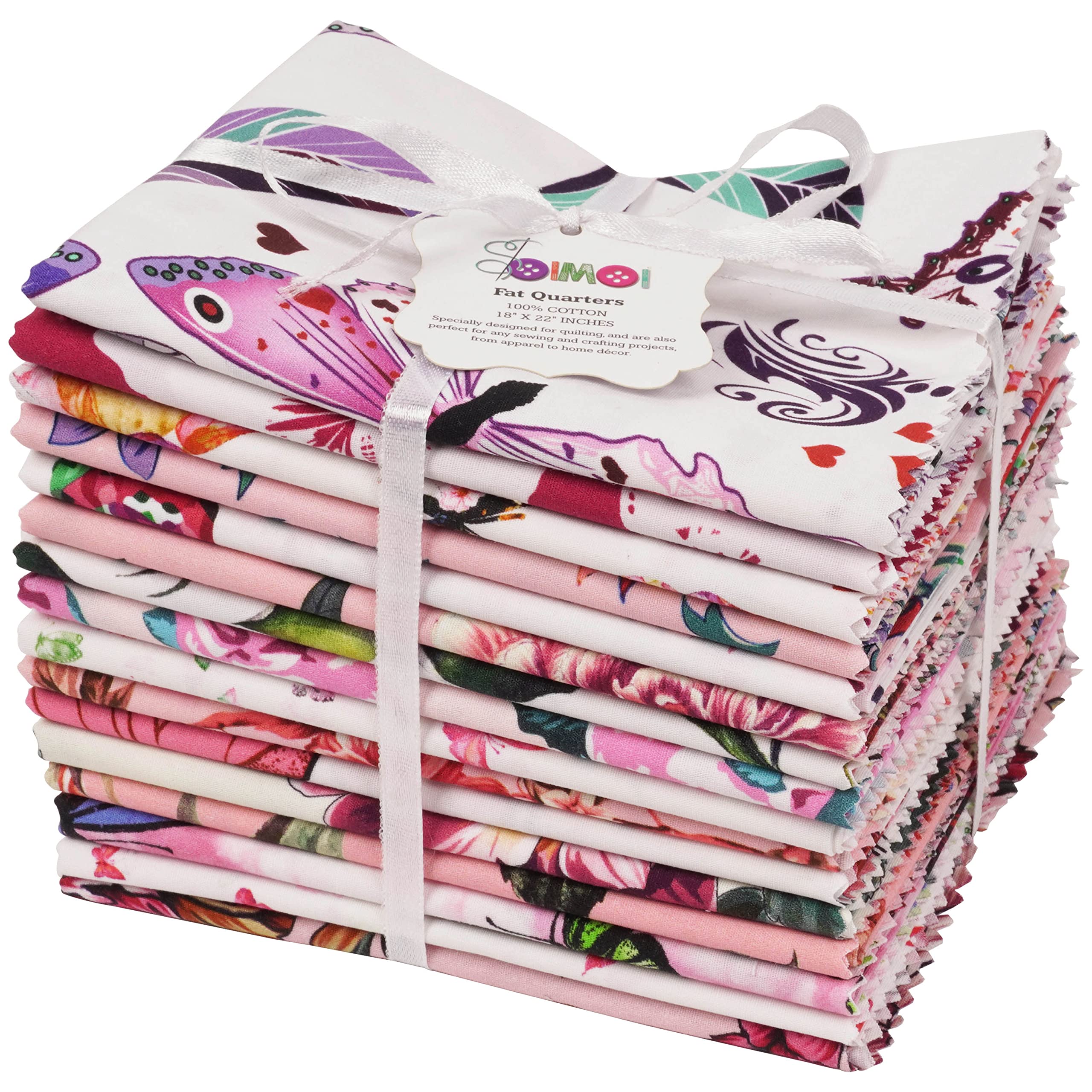 Soimoi 16 Pc Bundle De Puntos De Fate, Floral Y Mariposa Imprimir 18"X 22" Patchwork De Brije- Tela 100% Algodon Precortado Rosa Y Blanca