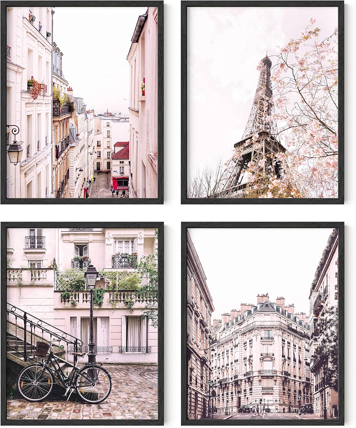 HAUS AND HUES Pink Paris Wall Decor - Set of 4 Paris Wall Art for Bedroom, Girls' Room, Bathroom - Black Frame, 11x14