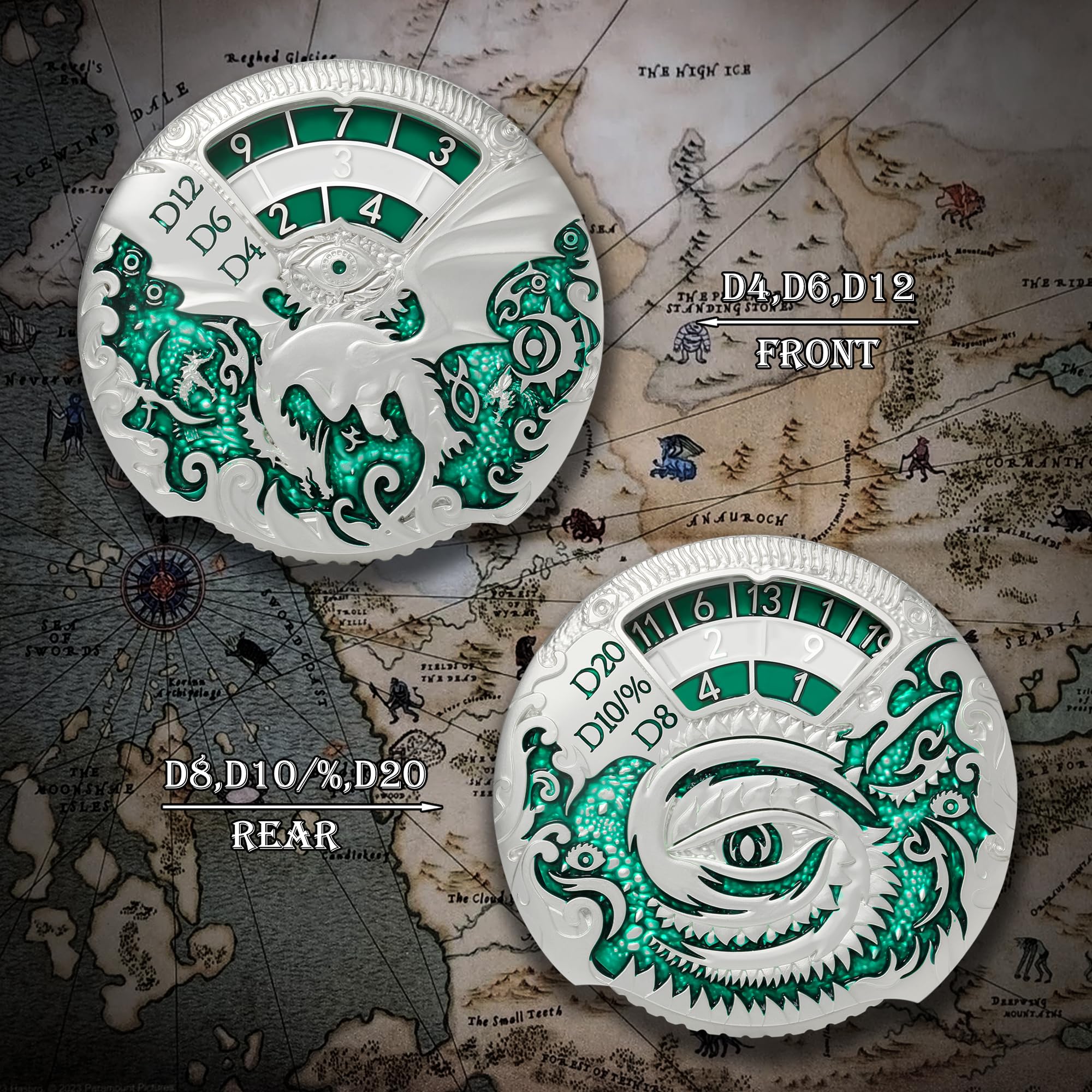 DNDND Jeu de dés DND en métal 7 en 1 avec superbe coffret cadeau pour donjons, dragon et jeu de table (argenté et vert)