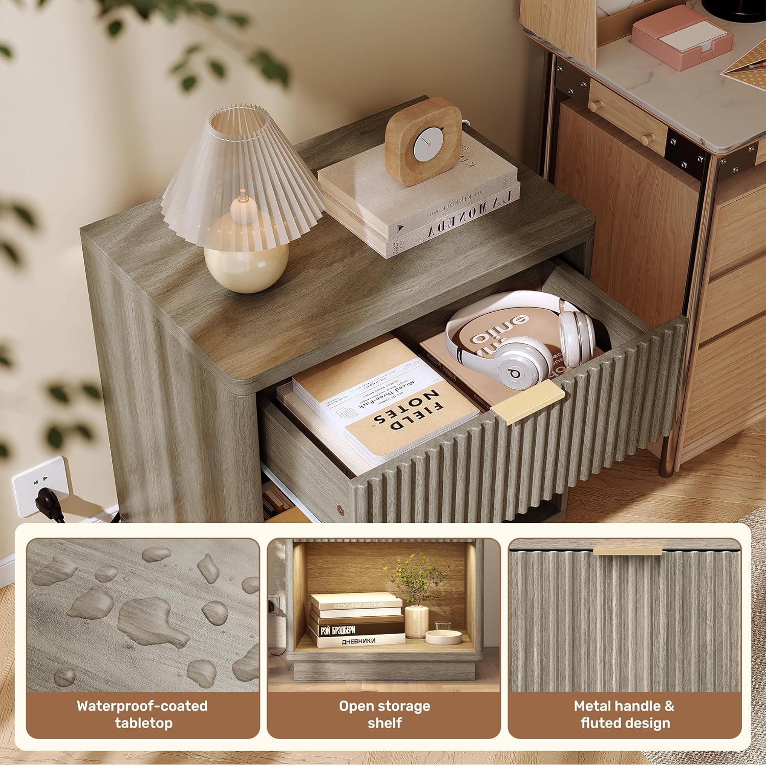 Miereirl Fluted Nightstand Charging Station, Wooden Vintage Night Stands Curved Corners Storage Cabinet for End Table with Metal Handle Drawers, Light Grey Oak