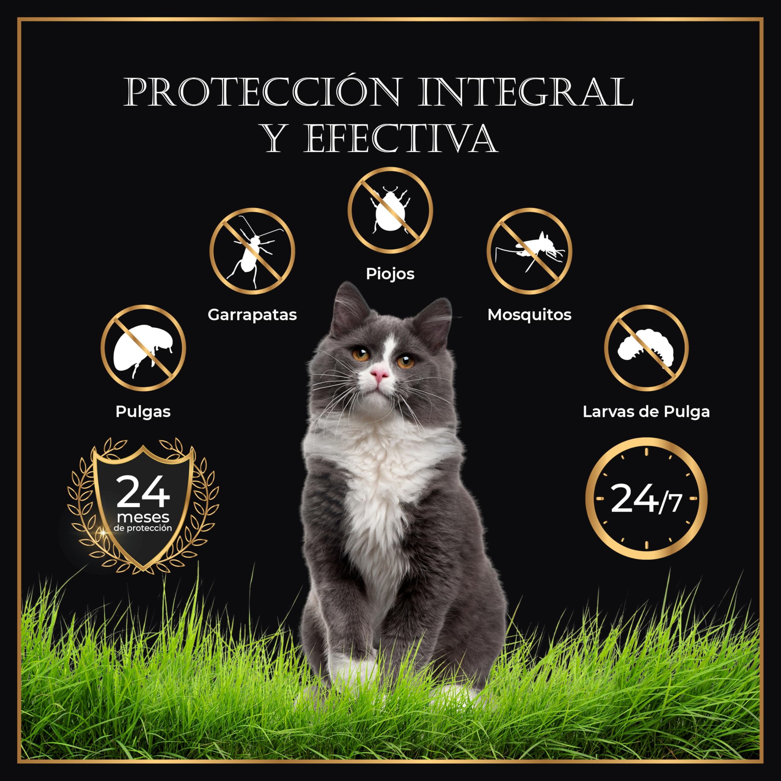 Pack de 4 Collares Antiparasitarios para Gatos, 24 Meses de Protección contra Pulgas, Garrapatas y Mosquitos – 100 % Natural, Impermeable, Ajustable, para Todos los Tamaños.