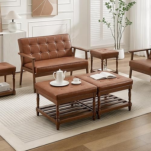 Miniatura 7 de UEV Juego de 2 mesas de centro otomanas de cuero, tapizadas cuadradas, reposapiés otomana, mesa de centro moderna de mediados de siglo con marco de
