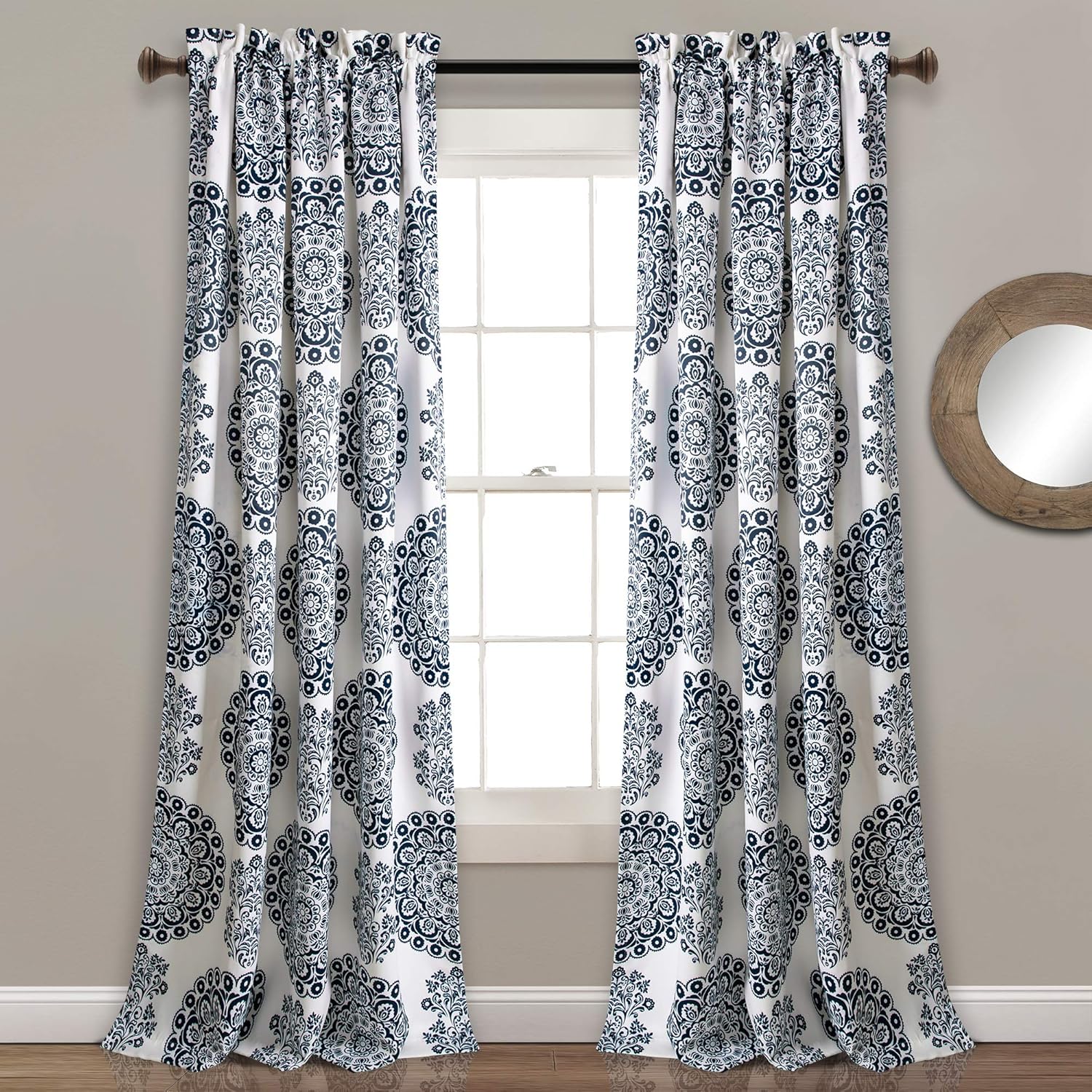 Lush Decor Evelyn Medallion Light Filtering Window Curtain Panel Pair, 84" x 52" + 2" Header, Navy 84 in x 52 in Navy