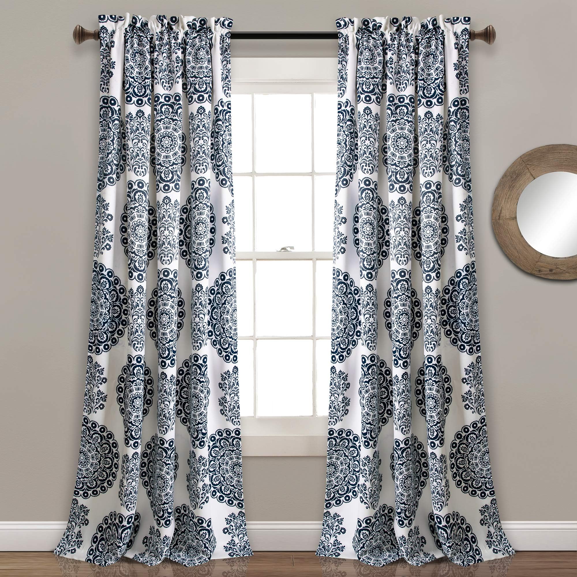 Lush Decor 16T004086, Navy Evelyn Medallion Room Darkening Window Curtain Panel Pair, 84" x 52" + 2" Header