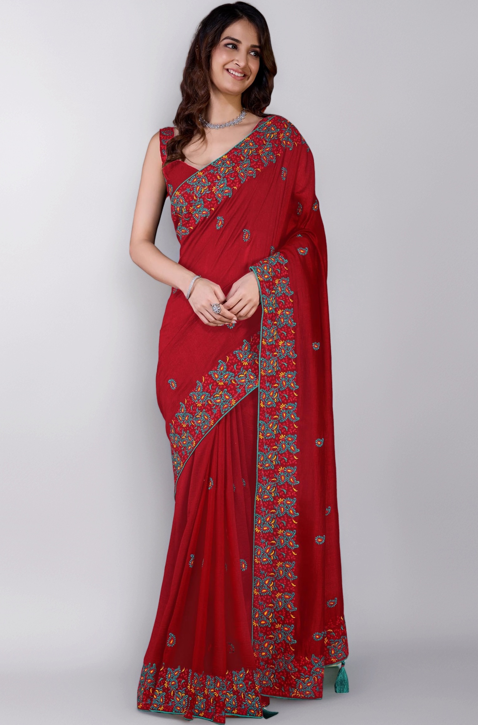 TRENDMALLS Women's Vichitra Silk Embroidred work Saree with Unstitched Blouse Piece