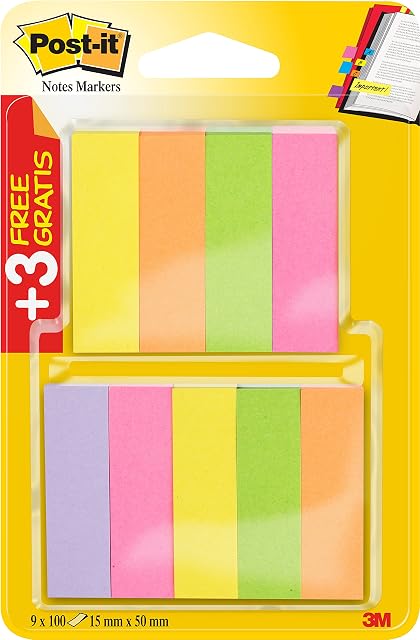 Post-it 670-6+3 Page Marker Blocks Narrow 15 x 50 mm, 9 x 100 Sheets Fluorescent Pink / Fluorescent Green / Fluorescent Yellow / Fluorescent Orange / Fluorescent Purple