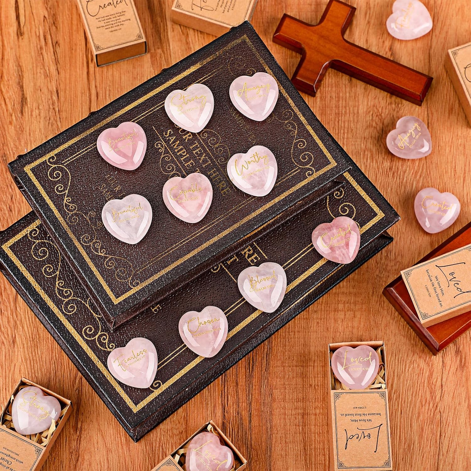 Potchen 20 Set Mother's Day Christian Gifts for Women Bible Verses Crystal Stones Heart Rocks with Scripture Match Storage Box Raffia Mothers Day Religious Gifts Church Party Favors (Pink)