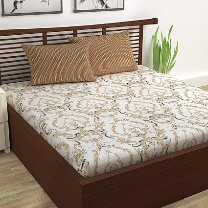Divine Casa 100% Cotton 144 TC Paisley Double Bedsheet with 2 Pillow Covers - Beige and Brown