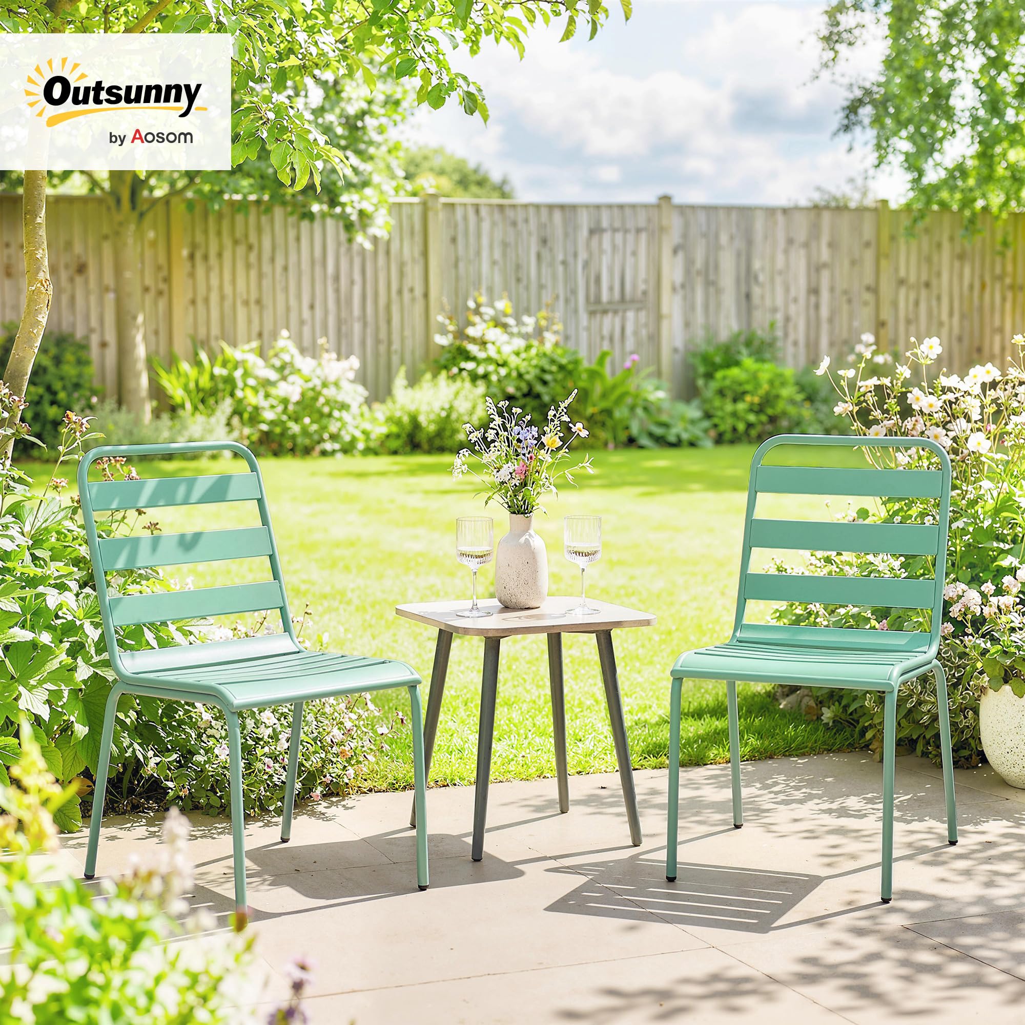 Outsunny Lot de 2 Chaises de Jardin, Empilables en Métal, Balcon, Vert | Chaises pour Salle à Manger Extérieure, Mobilier d'Extérieur pour Jardin