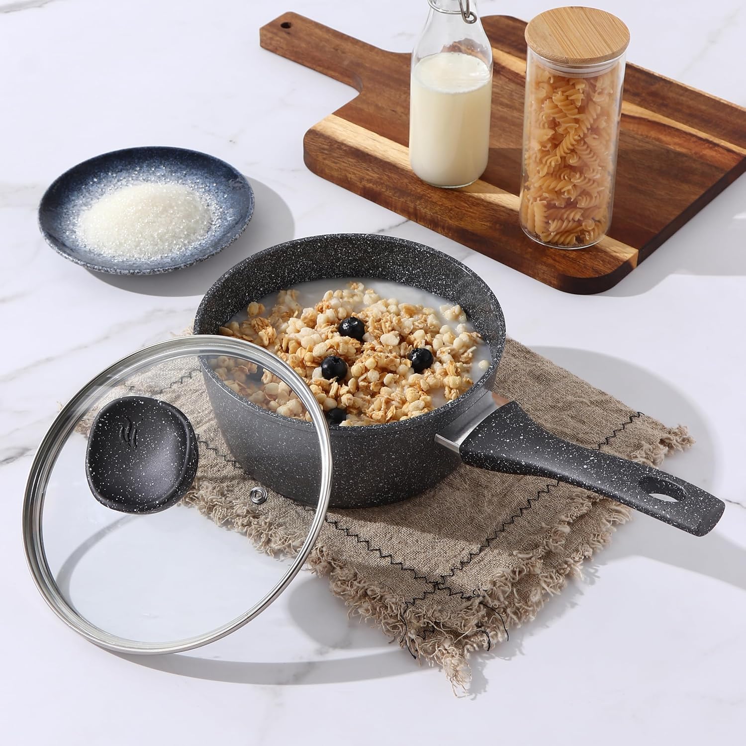 Lorren Home Trends Dark Grey Sauce Pan with Glass Lid, 1.6 Qt, Heat Resistant Handle, Dishwasher Safe, Induction Compatible