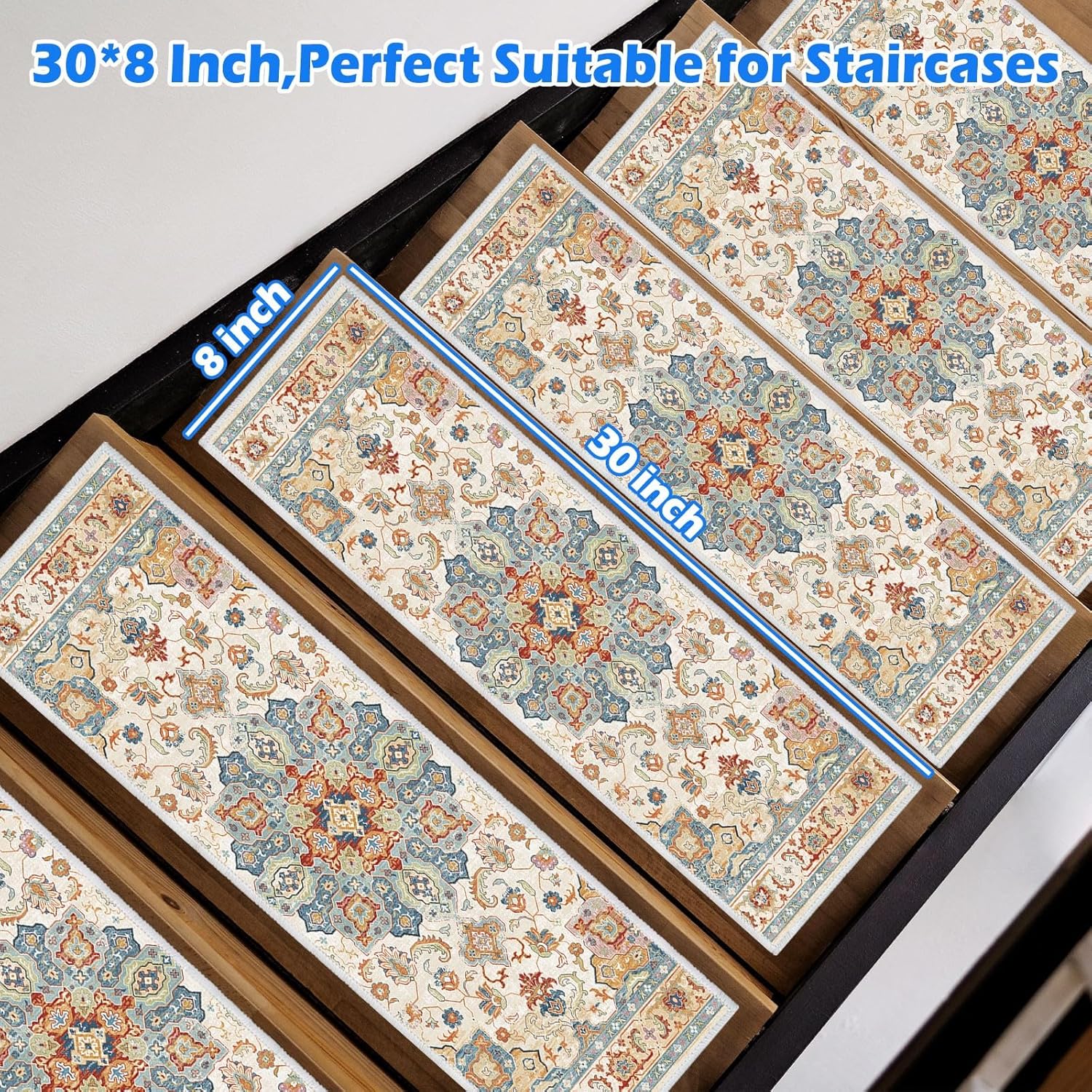 Edging Stair Treads Non-Slip Carpet Mat, 30in X 8in Indoor Stair Runners for Wooden Steps, Rubber Backing Stair Rugs for Kids Elders and Pets(Blue/Yellow,15PCS)