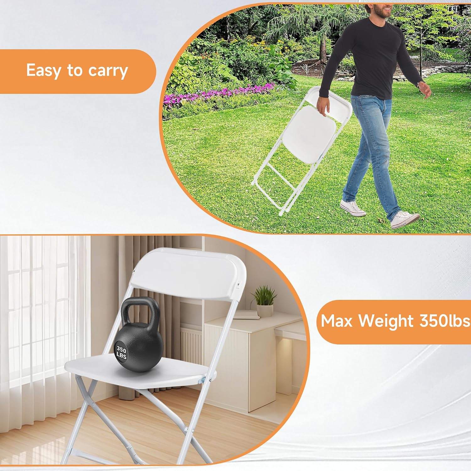 100 Pack White Folding Chairs with 350lbs Capacity, Portable Plastic Chairs for Indoor Outdoor, Stackable Commercial Seats with Steel Frame for Office Wedding Party Patio Events School