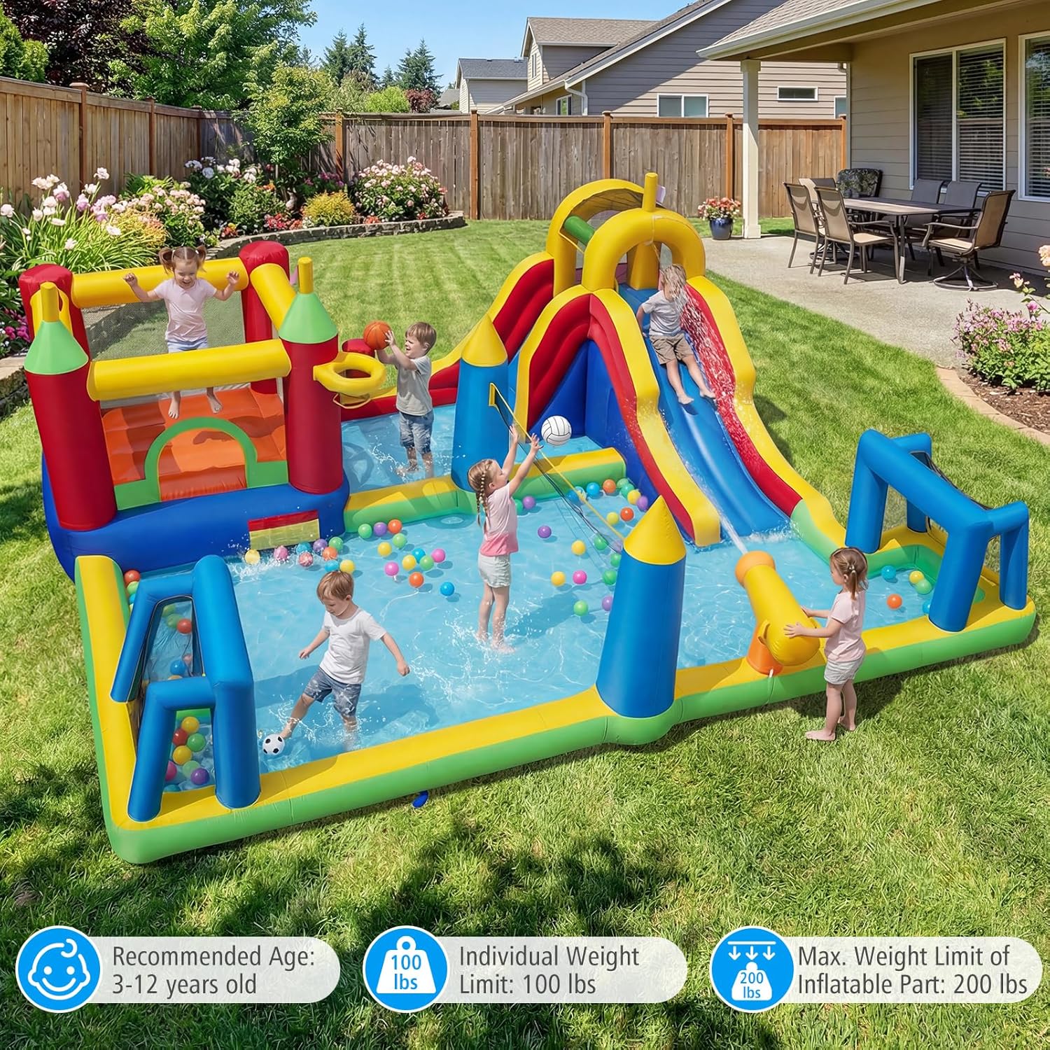 HONEY JOY Inflatable Water Slide & Bounce House Combo, Football/Volleyball/Basketball Area, Giant Splash Pool, 9 in 1 Outdoor Blow Up Bouncy Water Park for Backyard Party Gift(Without Blower)