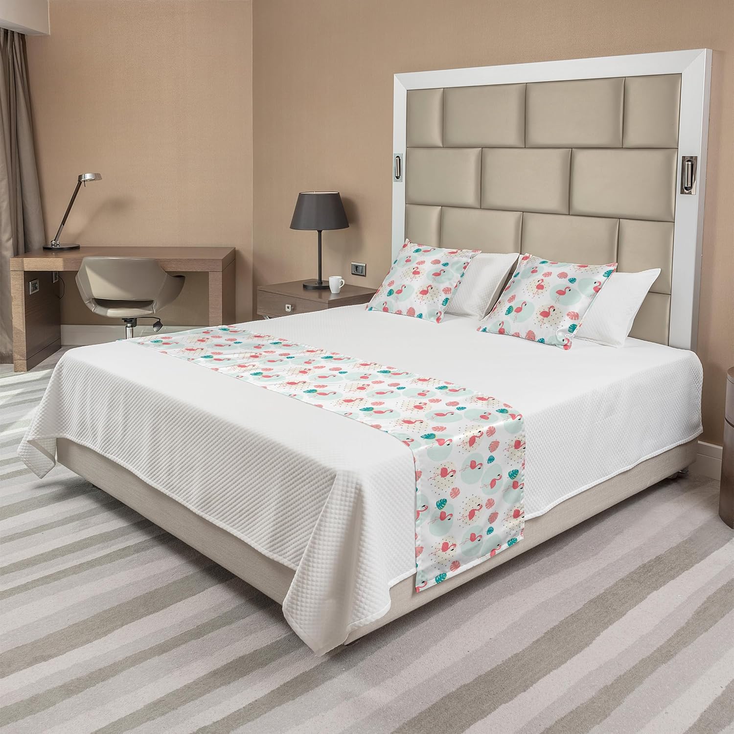 Ambesonne Tropical Bed Runner Set, Flamingo Birds on Polka Dots Exotic Monstera Leaves Pastel Hawaiian, Decorative Bedding Scarf and 2 Pillow Shams for Hotels Homes, King, Coral and Dark Seafoam