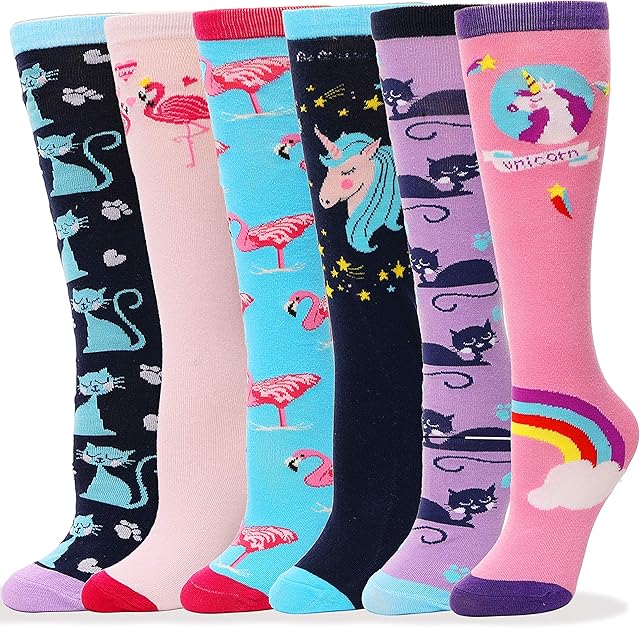 Sandsuced Girls Knee High Long Socks for Kids 6 Pairs Funny Boot Crazy Fun Long Tall Animal Child Socks
