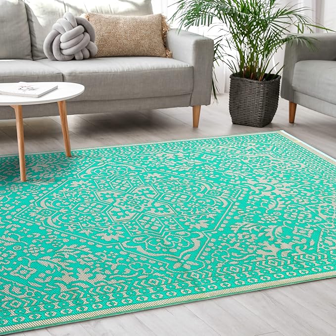 Amazon Brand Umi Multipurpose Chatai Mats for Home, Foldable, Waterproof, Stain Resistant, Reversible,- Plastic Chatai Mat for Floor, Sleeping, Garden, Living Room, Picnic,- 4x6 Ft, Teal