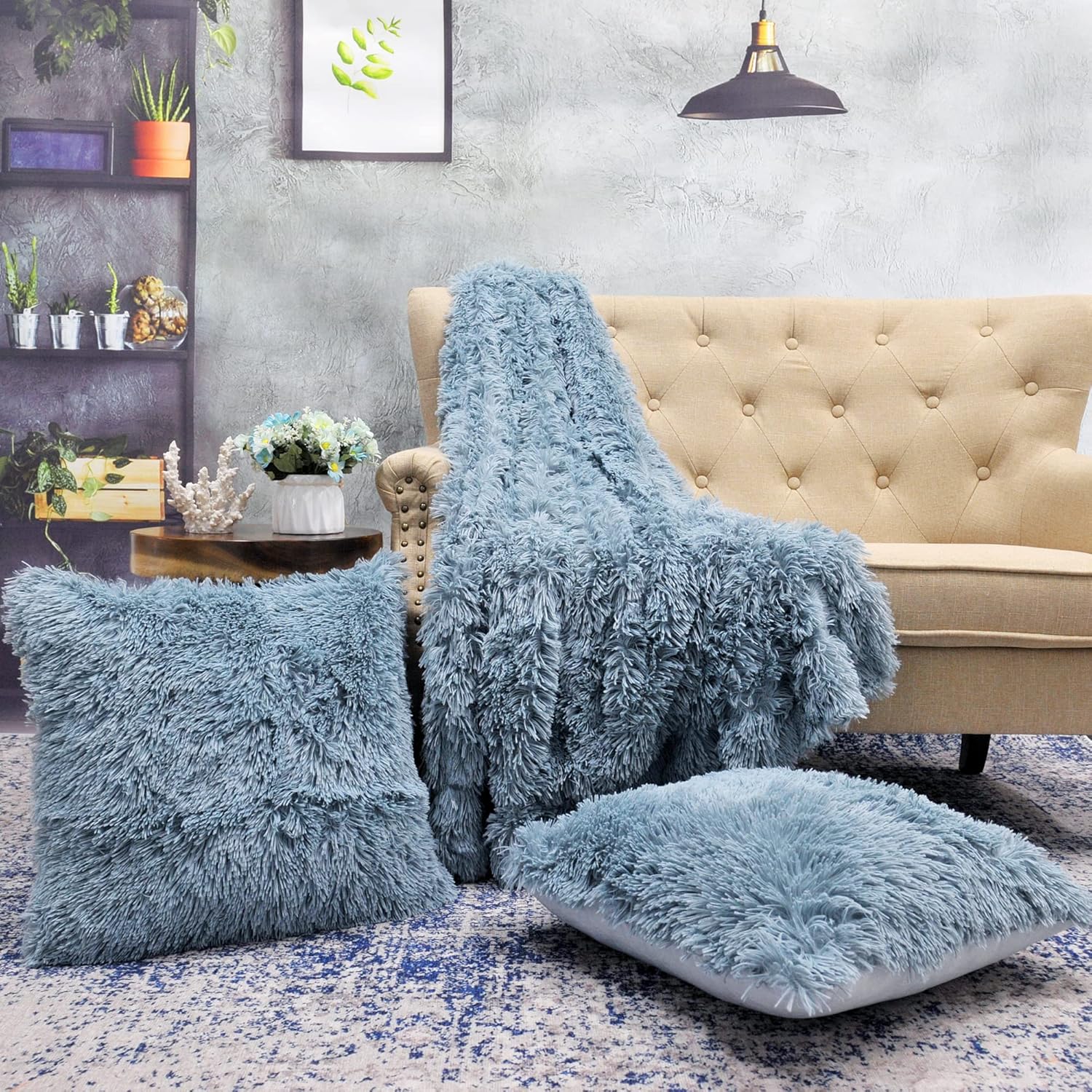 Home Soft Things 3 Piece Shaggy Throw Blanket Pillow Covers Set Fluffy Warm Cozy Plush Decorative Throw Square Couch Cushion Cover, Silver Blue, 60'' x 80''