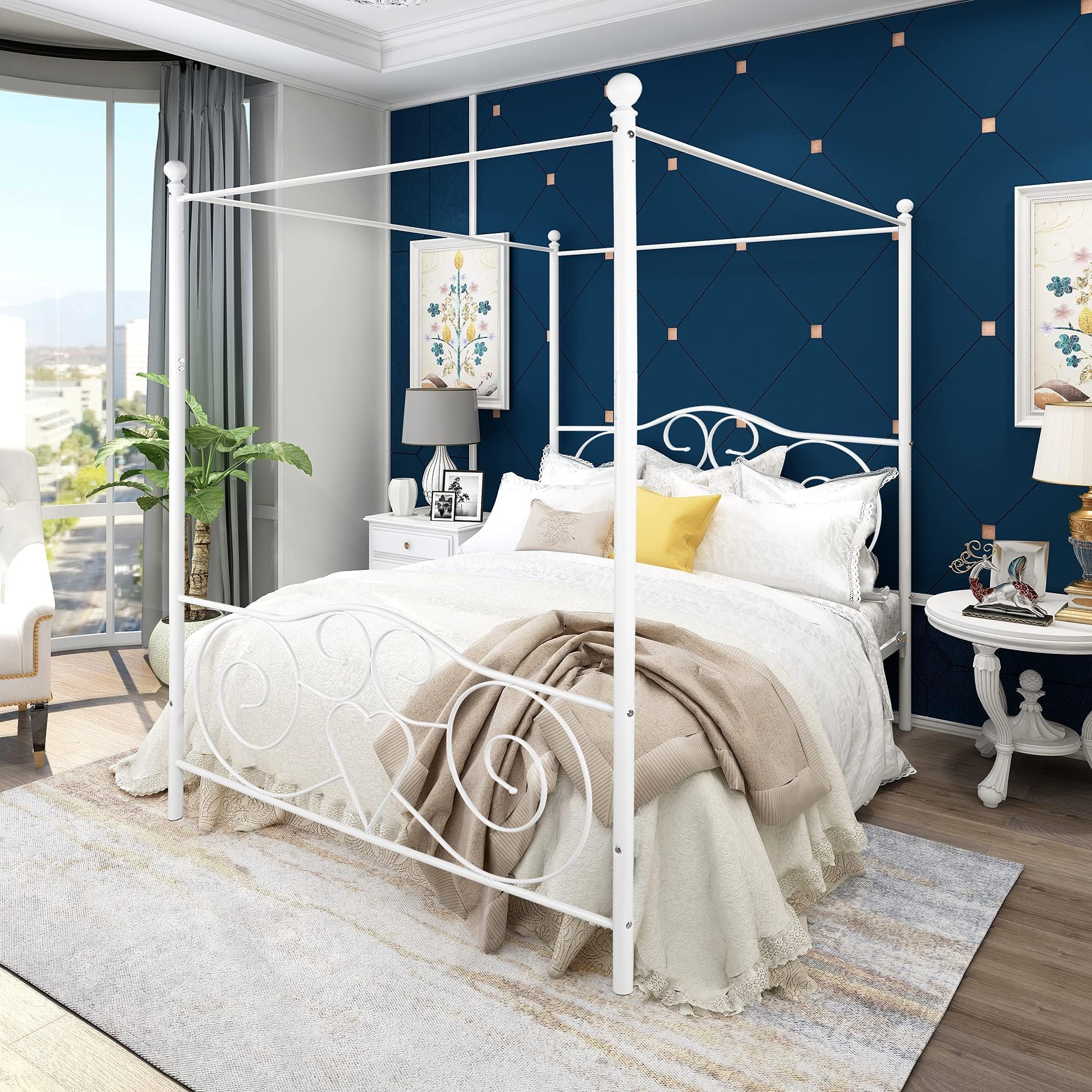 Telaio per letto a baldacchino, 120 x 200 cm, struttura in metallo, testiera e pediera decorati a cuore, doghe e supporti in acciaio altamente resistenti, con testiera e pediera, non sono