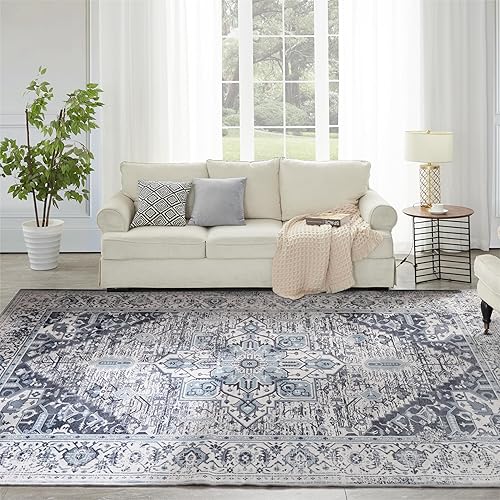 Syalife Alfombra lavable vintage, 8 x 10 pies, alfombra para sala de estar con parte trasera antideslizante, medallón ultrafina, no desprende