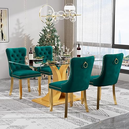 Miniatura 74 de Juego de mesa de comedor moderno de vidrio para 4, mesa de 160 cm de vidrio templado con base dorada estética y 4 sillas de comedor lujosas azules y