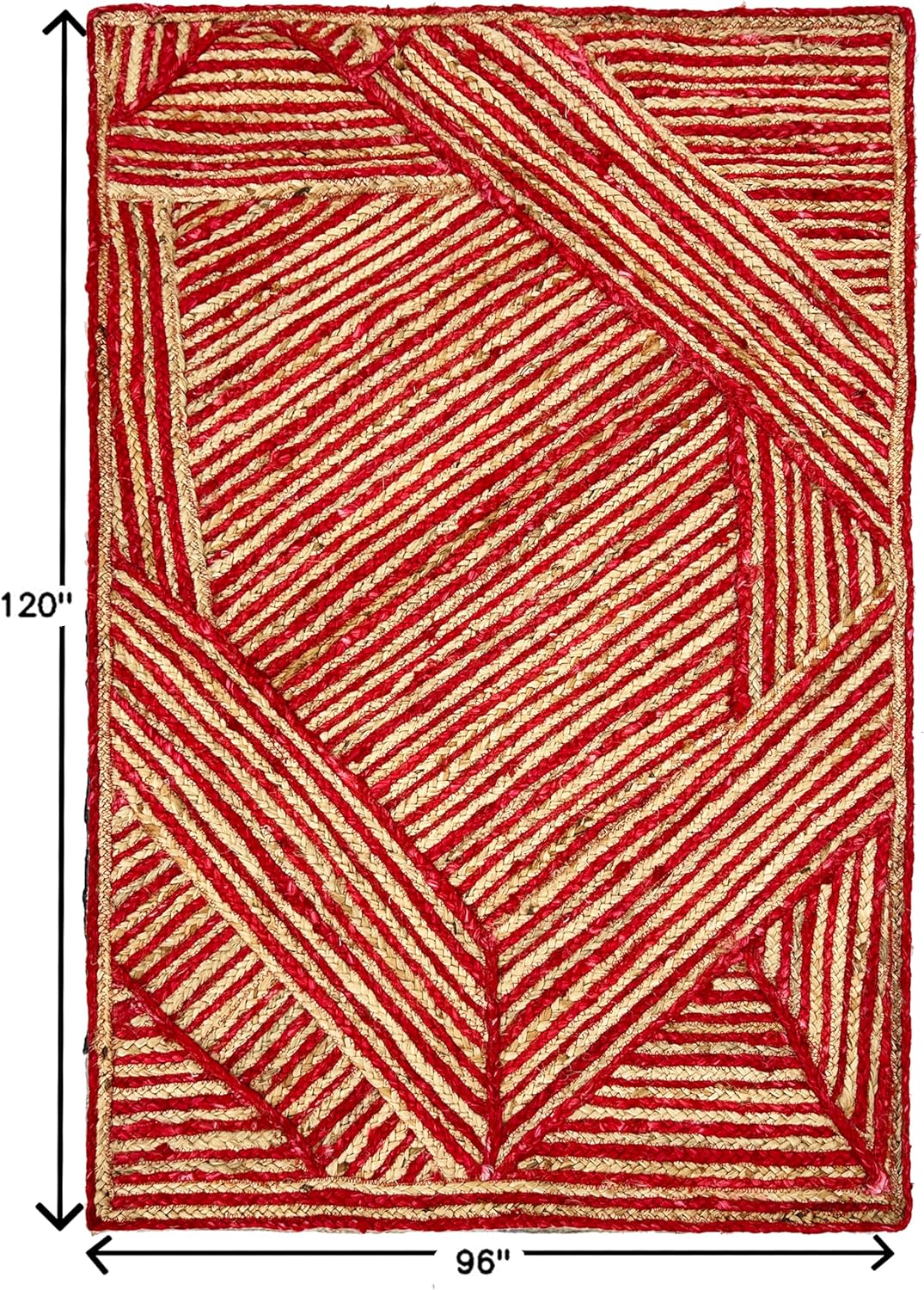 Rectangular Area Rug - 10x18 Feet Hand Braided Jute Rug Thick 0.27" Red Striped Geometric Rugs for Living Room, Kids Room, Home/Office Decor, Decorative Floor Carpet