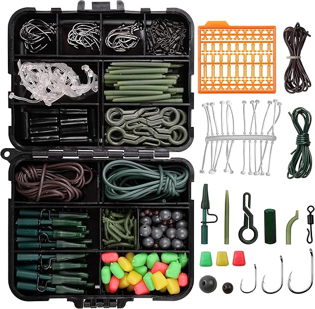 JSHANMEI Assorted Carp Fishing Tackle Set Box Include Leader-Clips Beads Hooks Tubes Swivels Baiting Terminal Rigs(225pcs carp tackle kit)