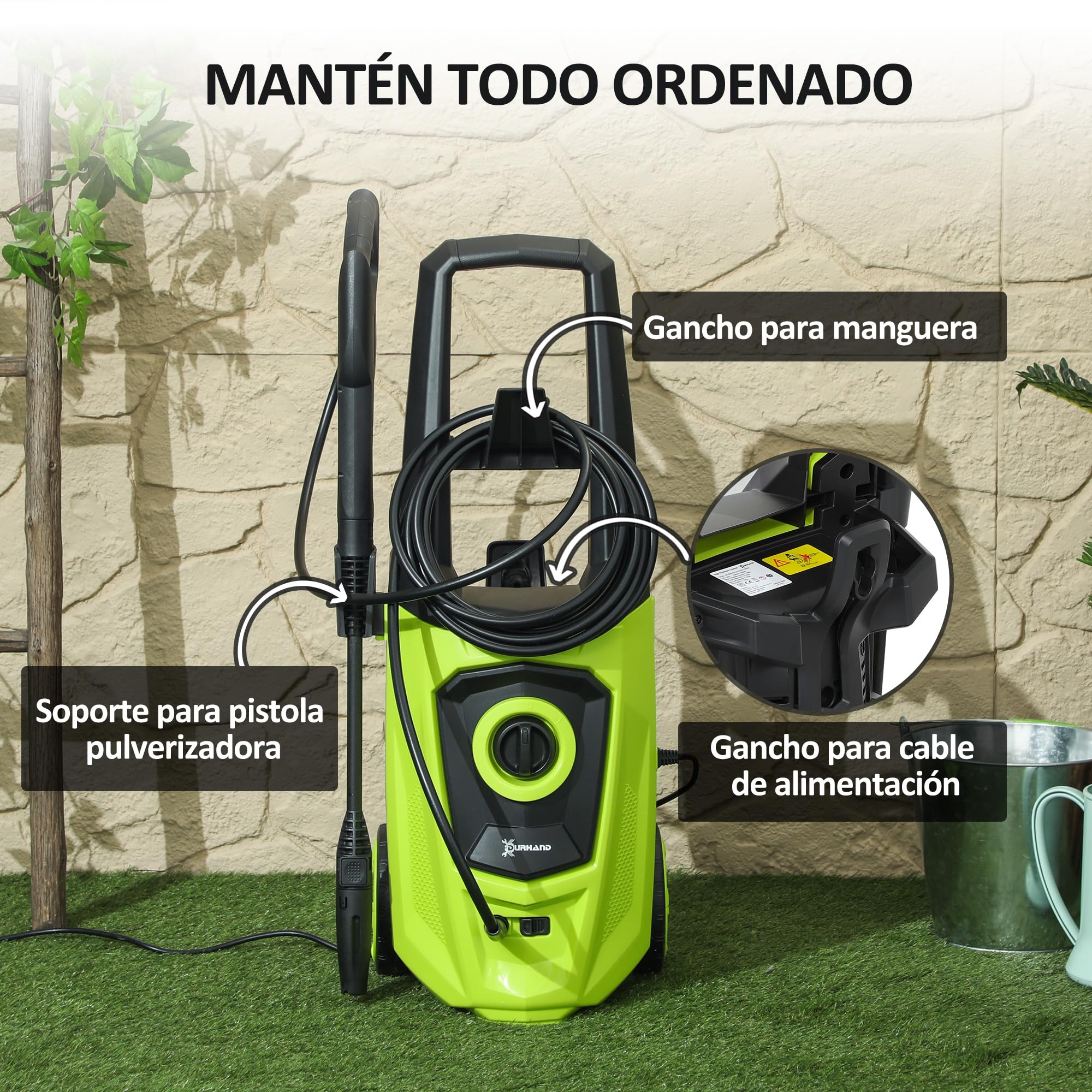 DURHAND Hidrolimpiadora de Alta Presión 1800W 150 Bar 6 m Verde y Negro | Caudal 510 L/h, Bomba de Aluminio, Parada Automática, Incluye Botella de Jabón, Boquilla, Cepillo