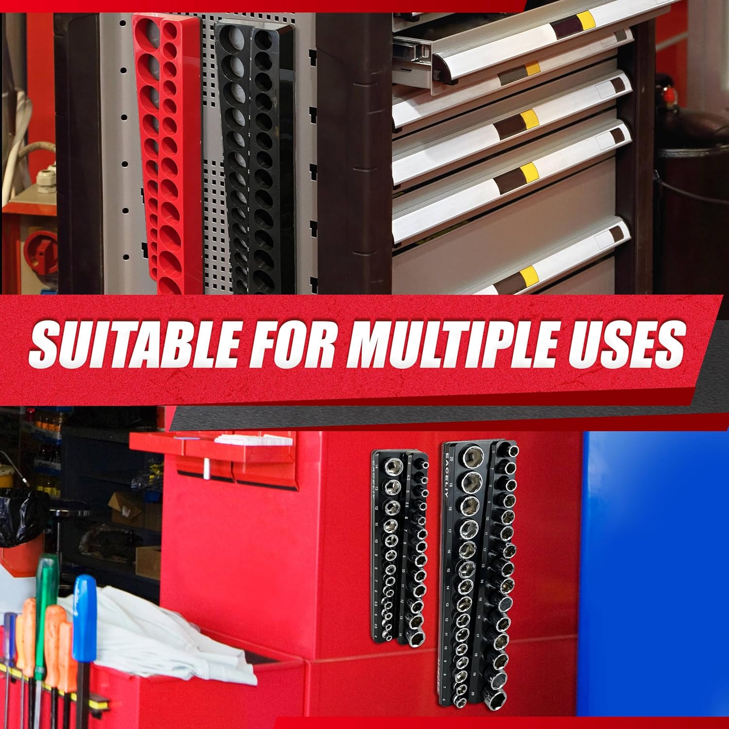 8Pcs Magnetic Socket Organizer Set, 1/2", 1/4" and 3/8" SAE & Metric Deep & Shallow Tools Tray Holder Kit, holds 199pcs Sockets (sockets not included) (8PC 1/2&3/8&1/4)