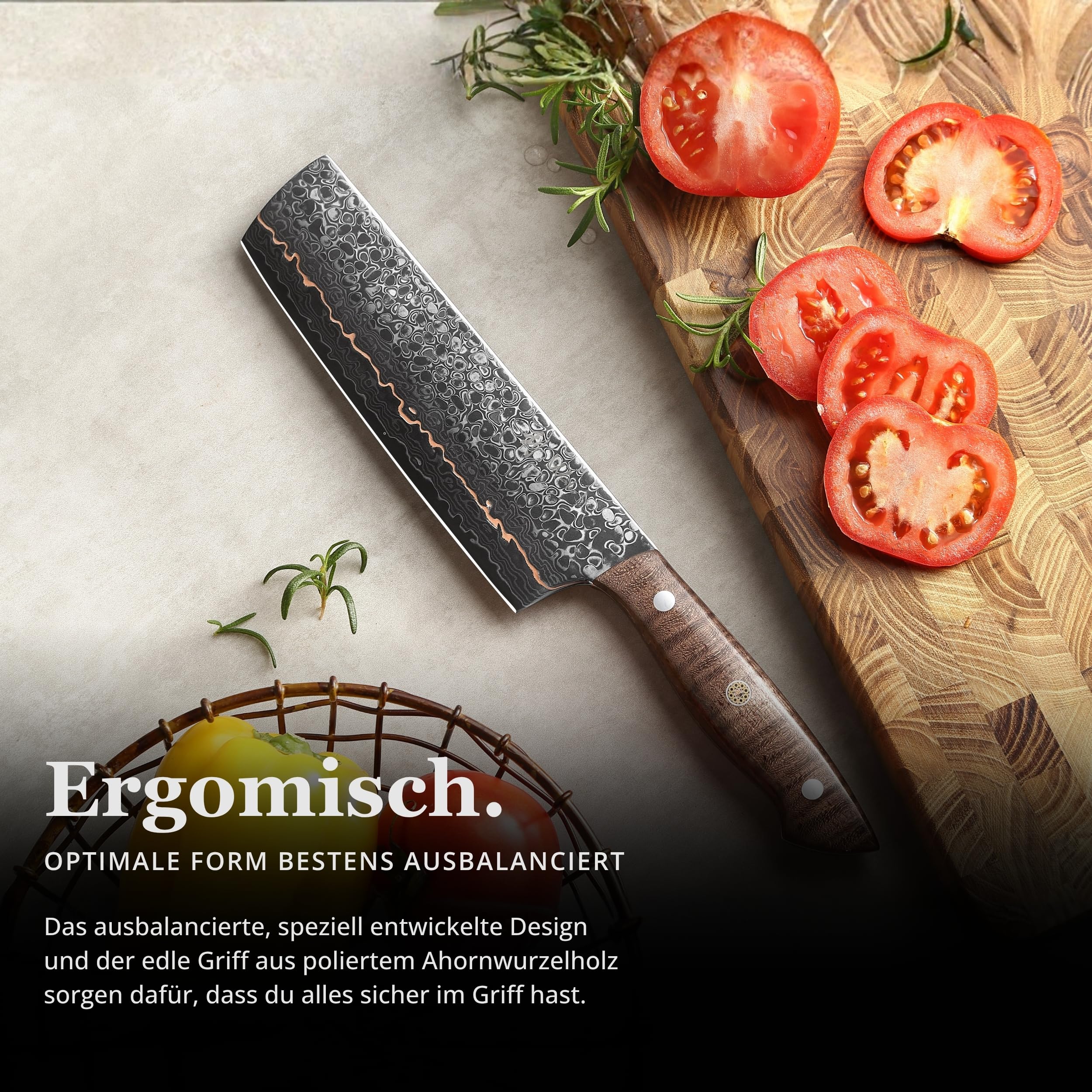Wakoli Kawa Nakirimesser 18 cm mit Kupfereinlage und Ahornwurzelholzgriff