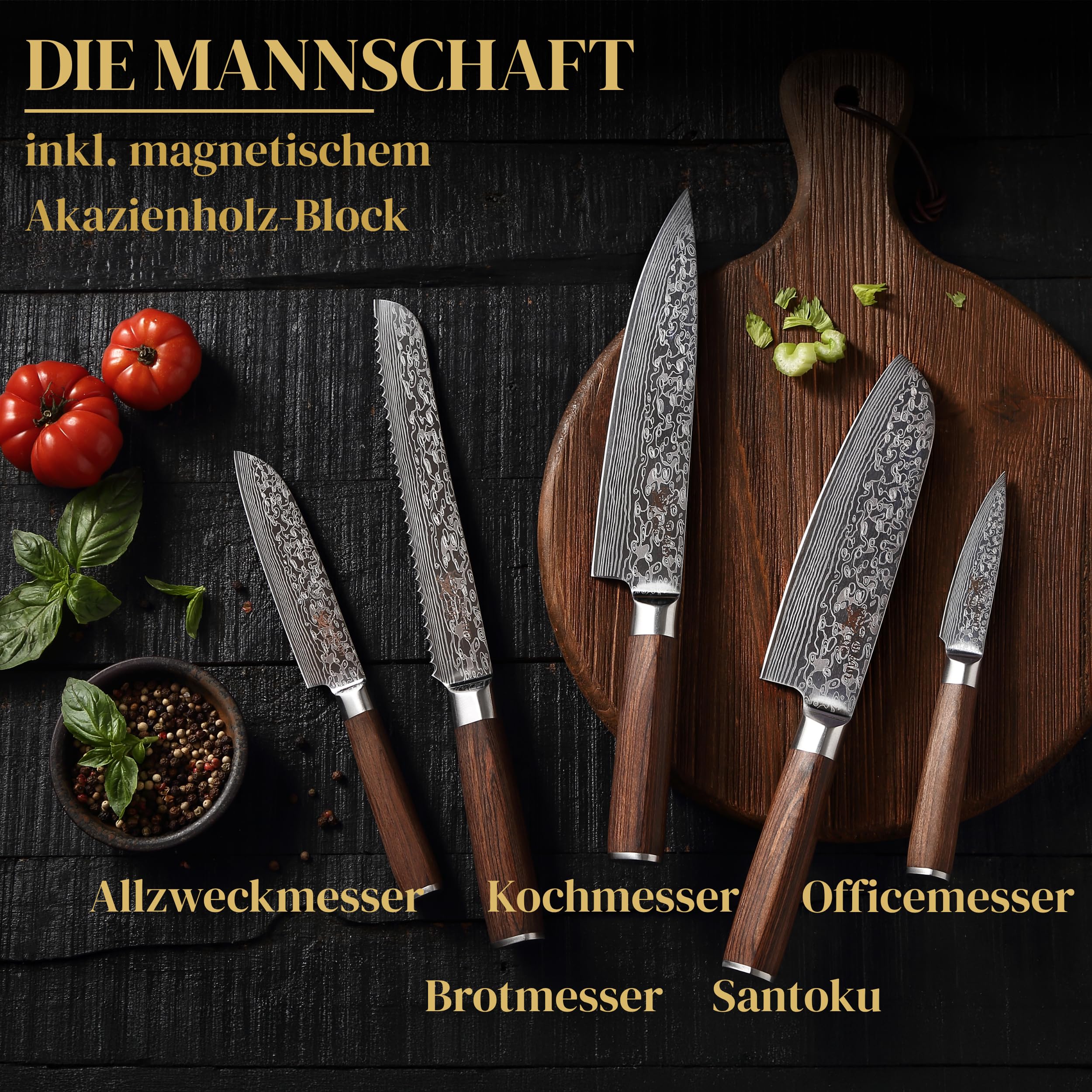 Messerset mit Block – 5-teiliges Küchenmesser Set mit magnetischem Messerblock aus Akazienholz | scharfe Edelstahl-Messer in Damast-Optik, Pakkaholzgriff | Kochmesser, Santoku & Brotmesser