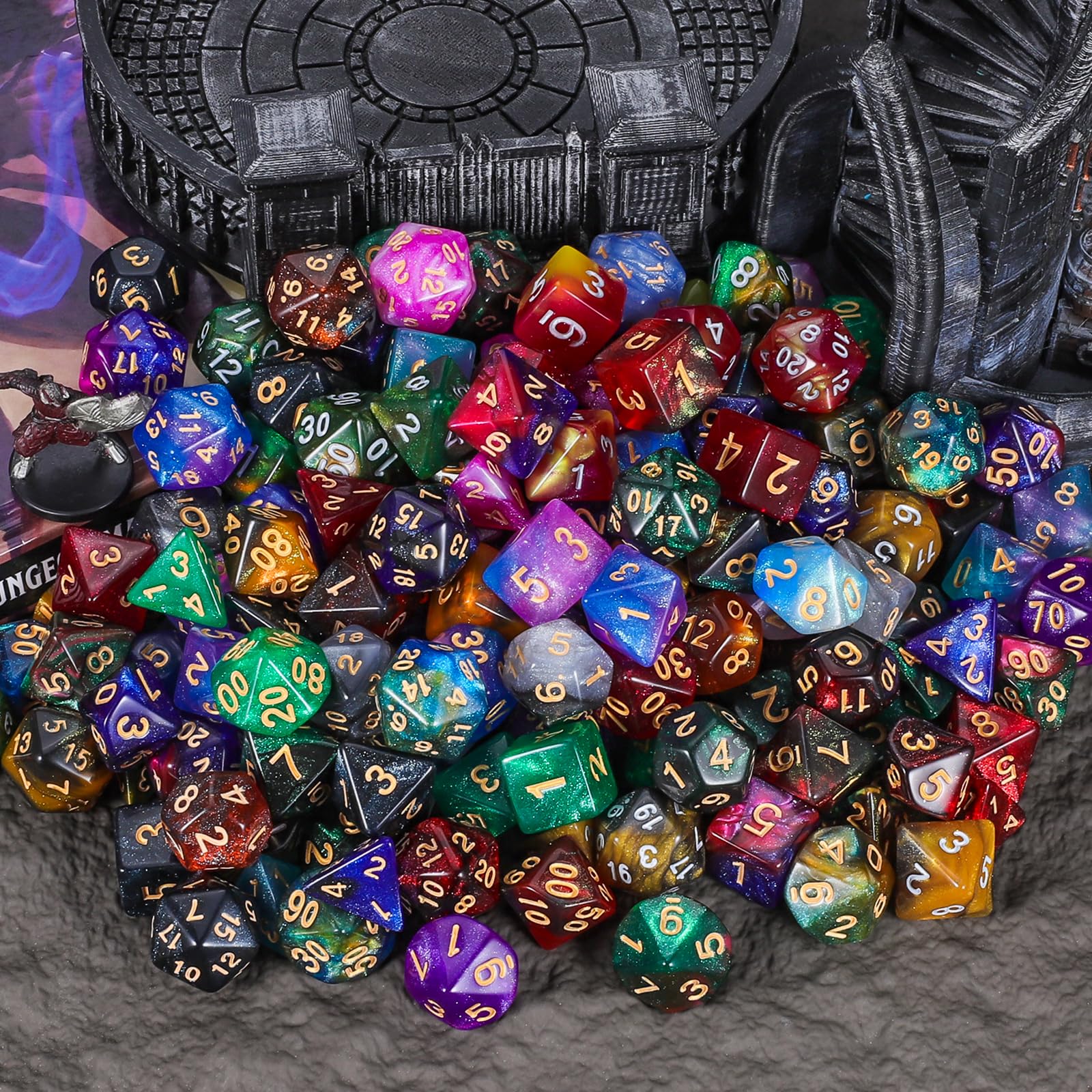YILAIDA Dés polyédriques, 182 pièces – 26 couleurs jeux de rôle paillettes dés pour DND RPG MTG Jeux de table Dice D4 D6 D8 D10 (00-90 et 0-9) D12 D20