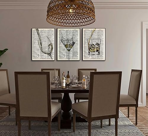 Miniatura 2 de 3 piezas de arte de pared de carrito de bar, vintage, con copas de champán, fotos en blanco y negro, copas de cóctel, pinturas de diccionario de